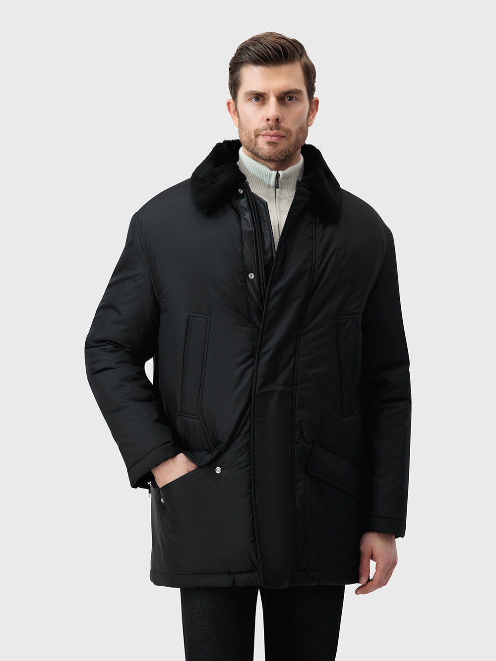 Silk, Deerskin & Shearling Coat - Black