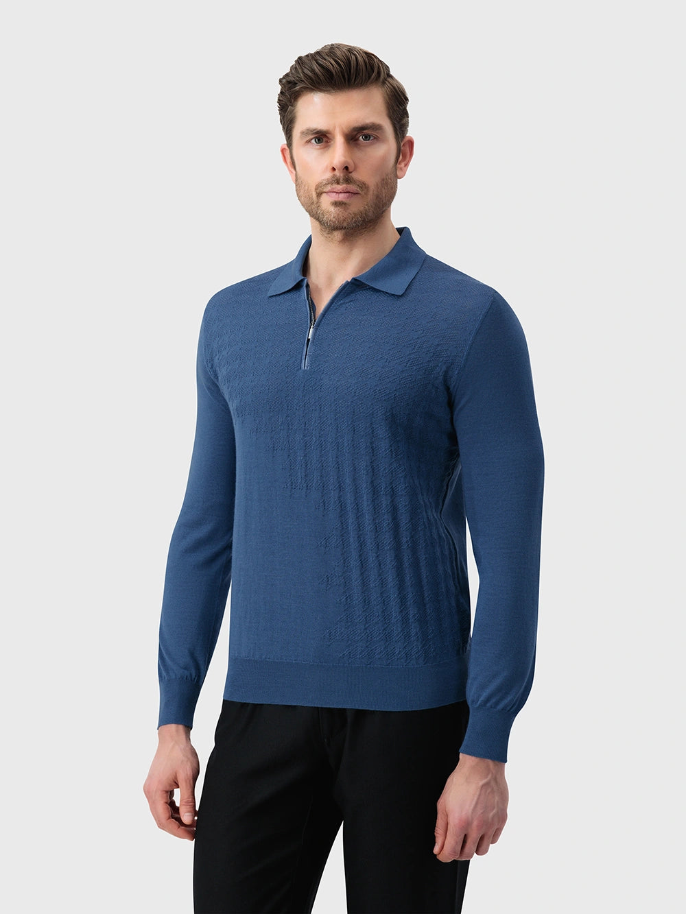 Angled Panel Polo Half-Zip Knit with Crocodile Leather Trim – Oxford Blue