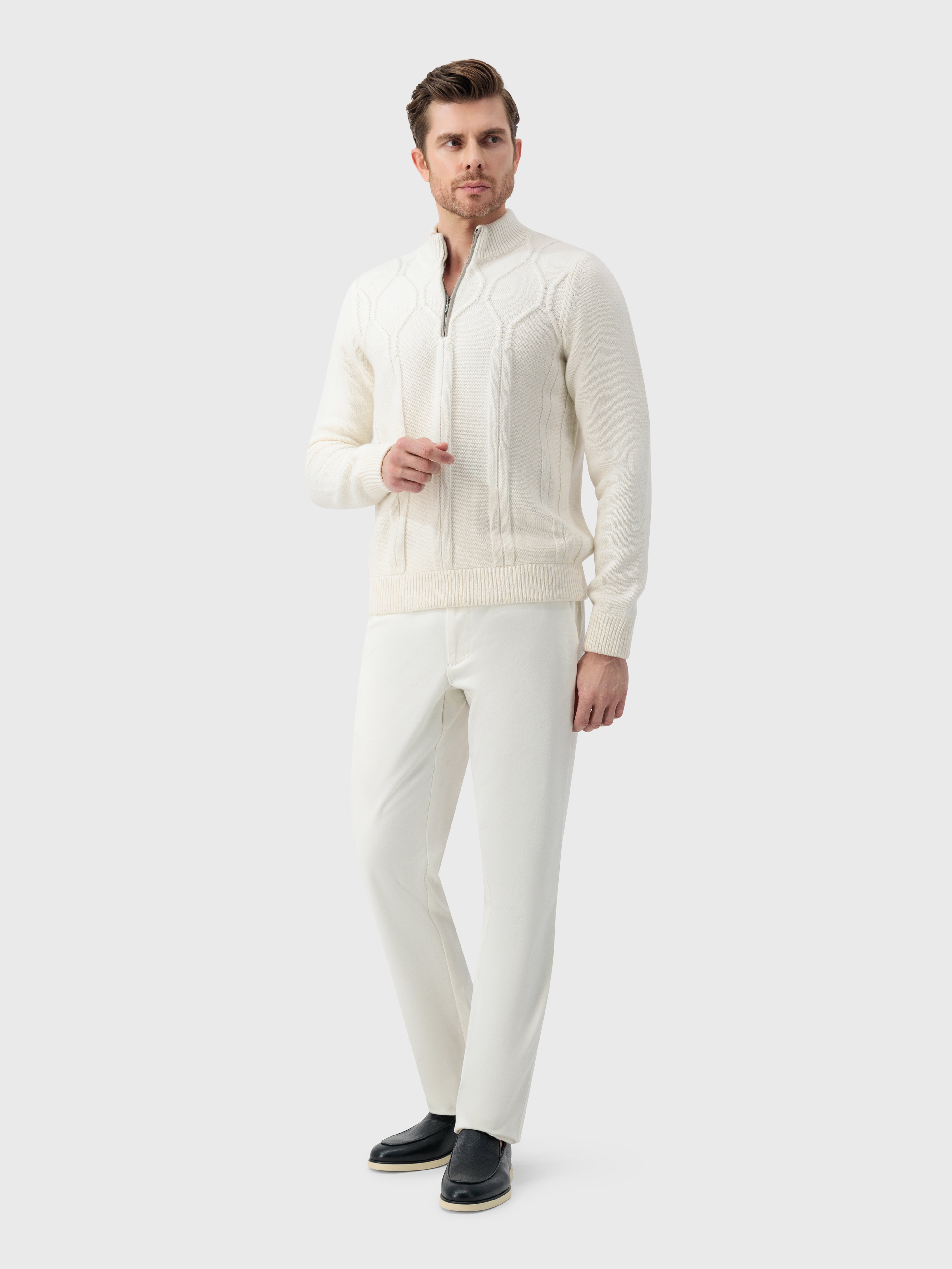 Mock Neck Zipped Cardigan with Rhombus Jacquard Weaving White