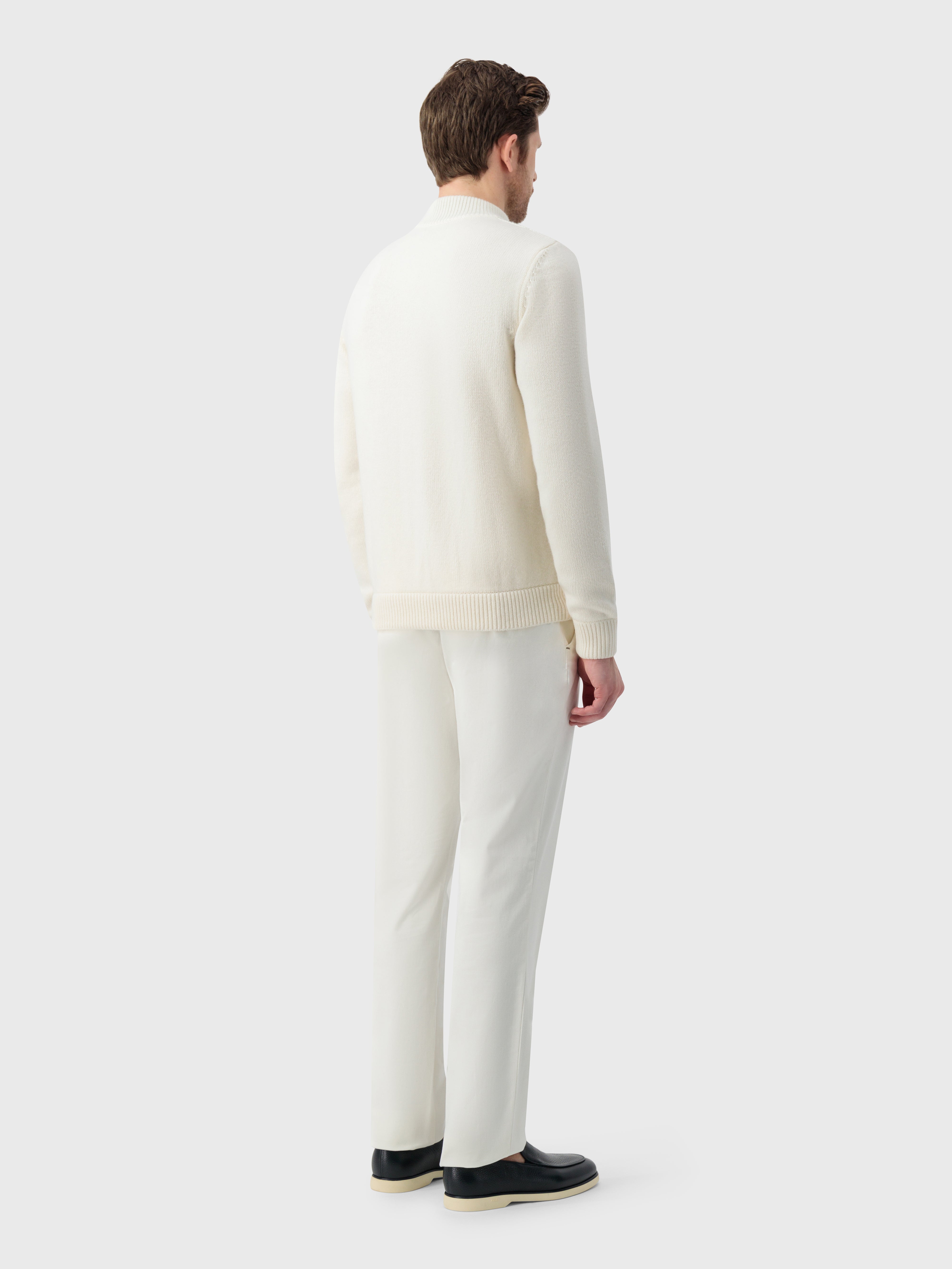 Mock Neck Zipped Cardigan with Rhombus Jacquard Weaving White