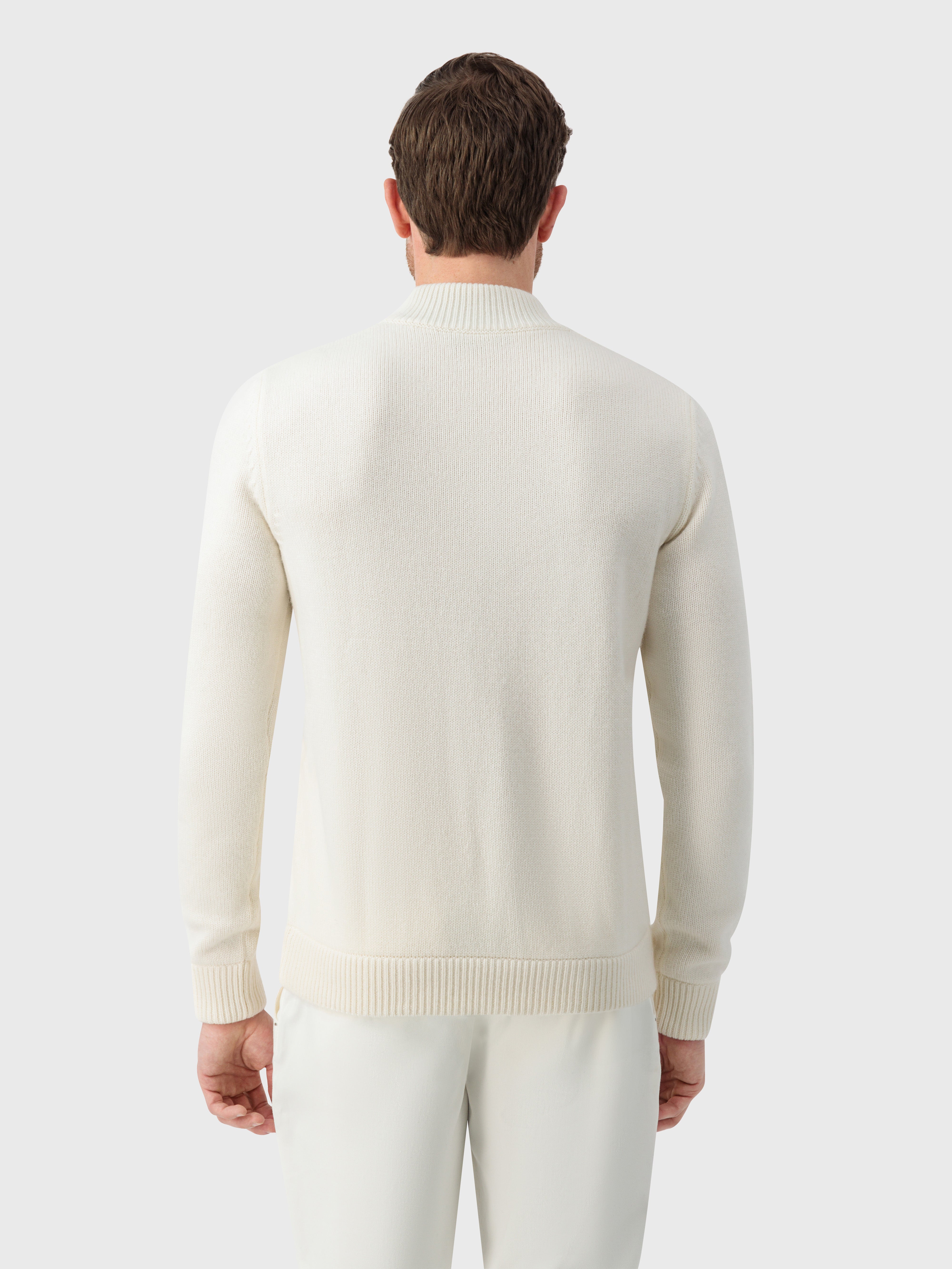 Mock Neck Zipped Cardigan with Rhombus Jacquard Weaving White