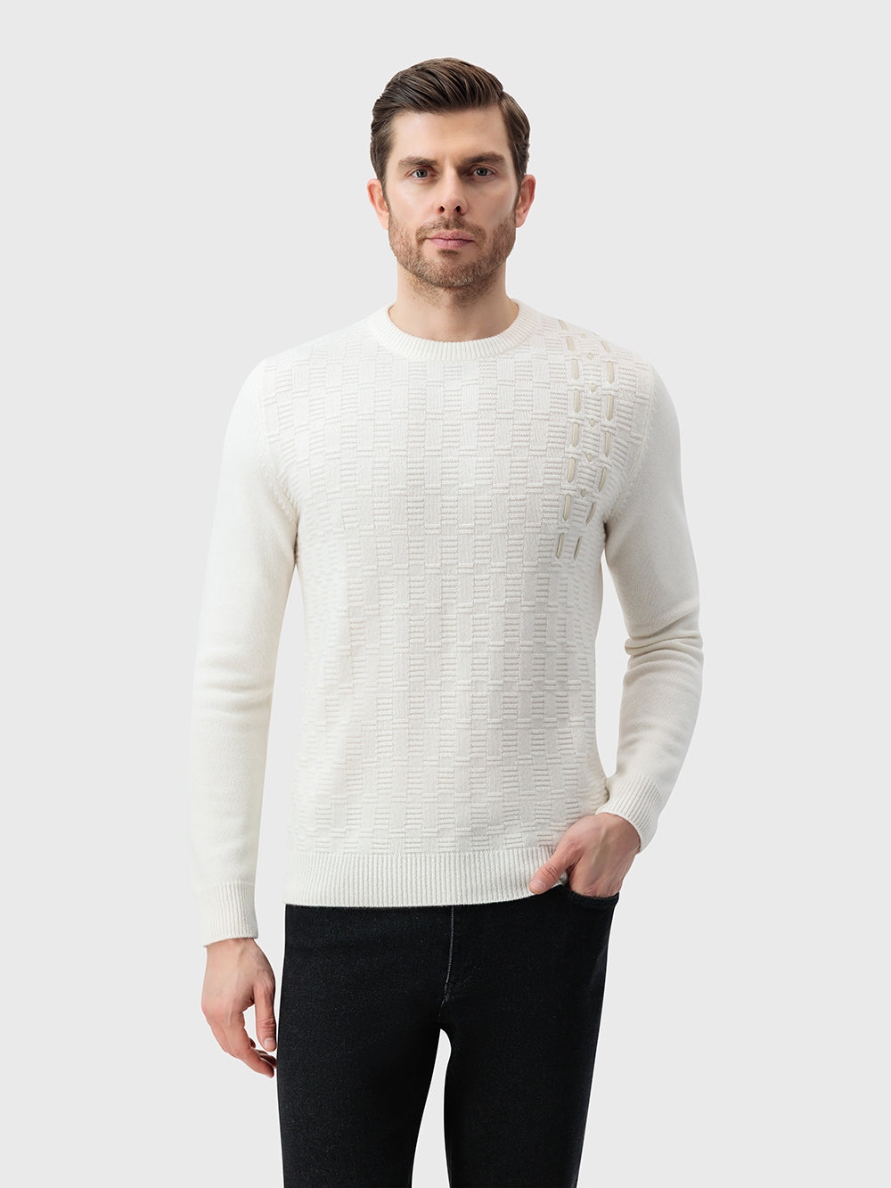 100% Lambswool Pullover with Leather Detail - Blond Fawn
