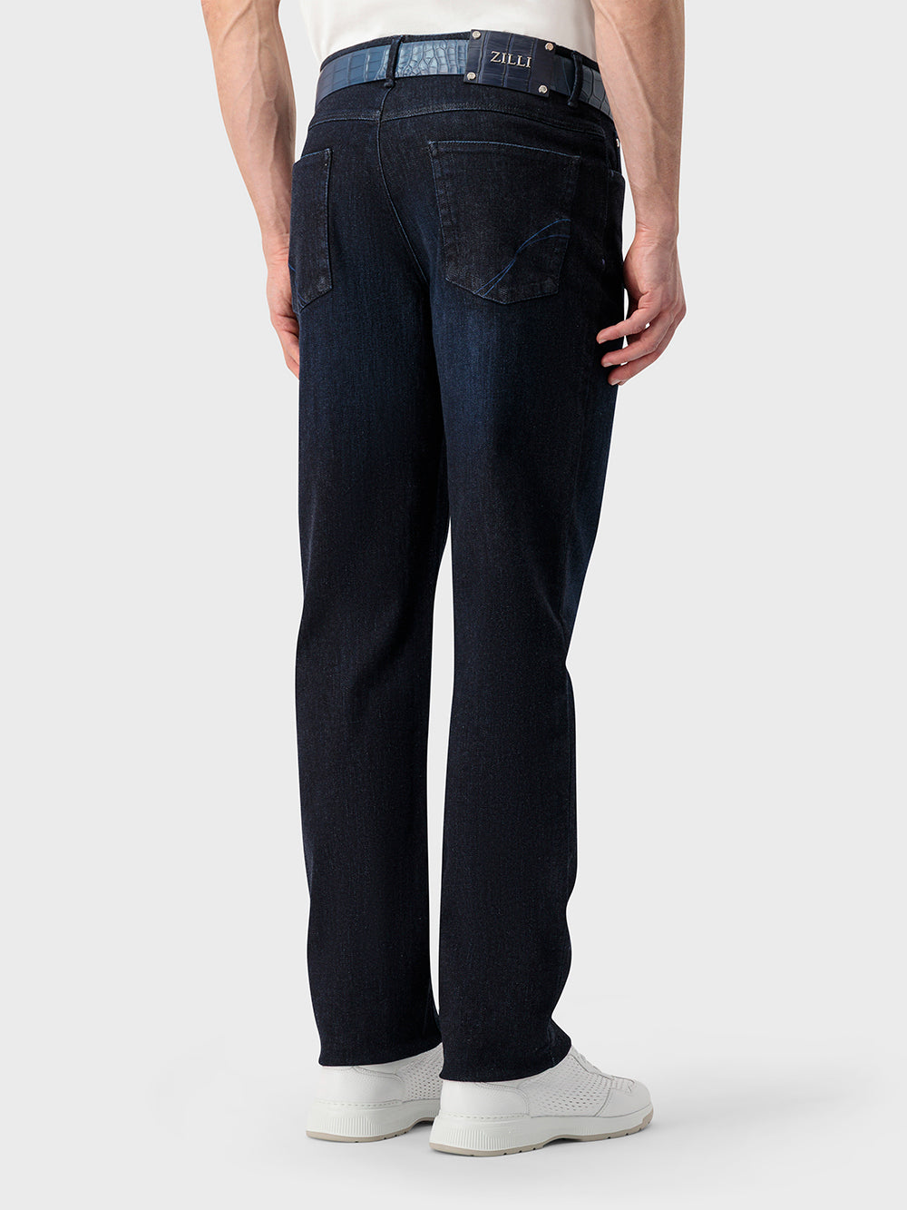 Hybrid Fit Crocodile-Detailed Denim Cotton Trousers - Blue Navy
