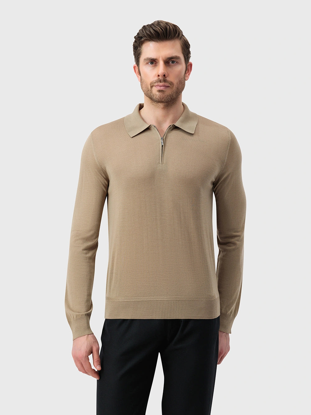 100% Wool Polo Half-Zip Knit – Cappuccino