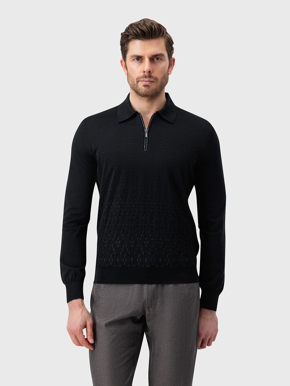 Speckled Half-Zip Knit with Crocodile Leather Trim – Black