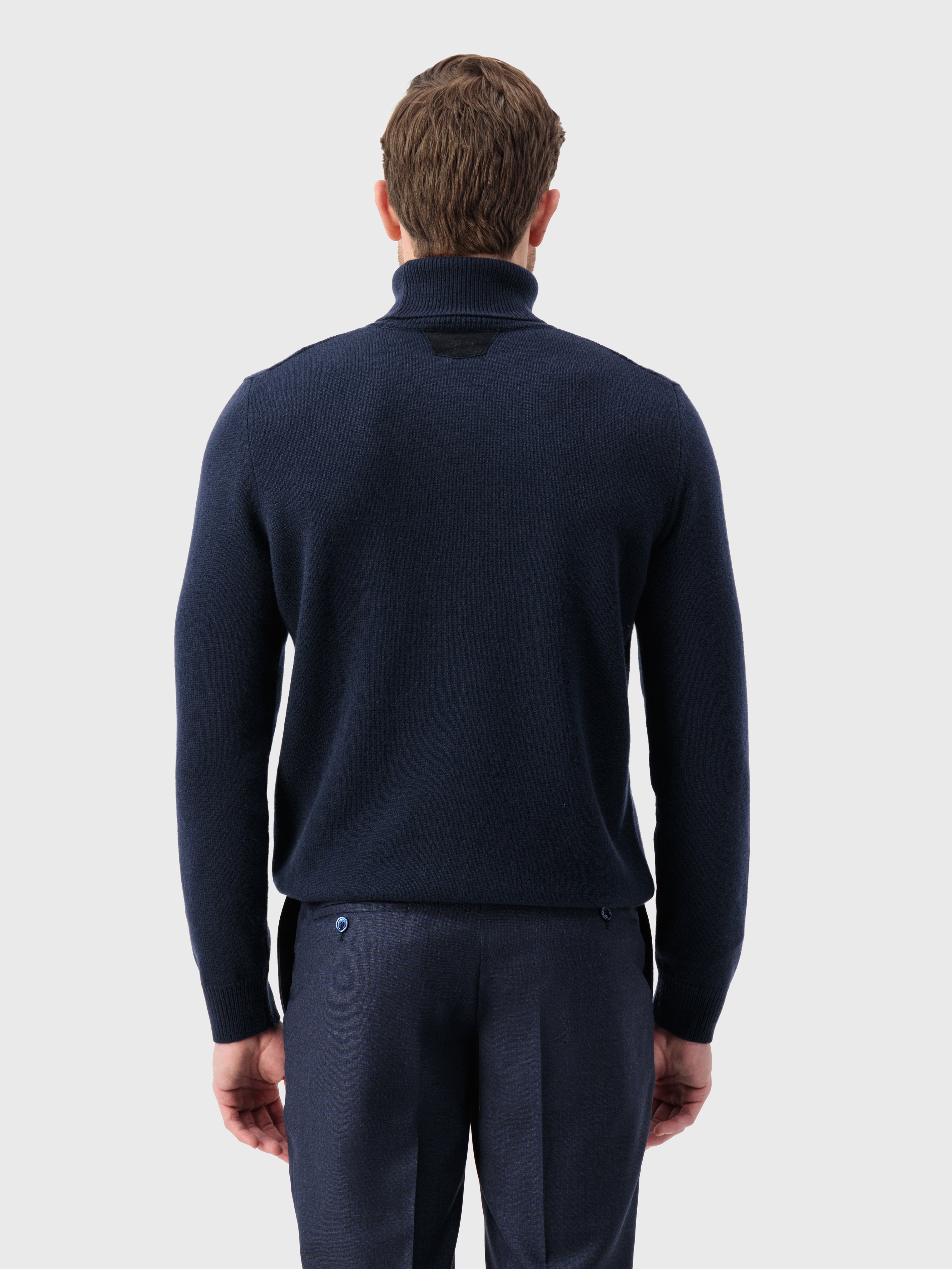 Cashmere Turtleneck Pullover with Cable Knit Pattern Dark Navy
