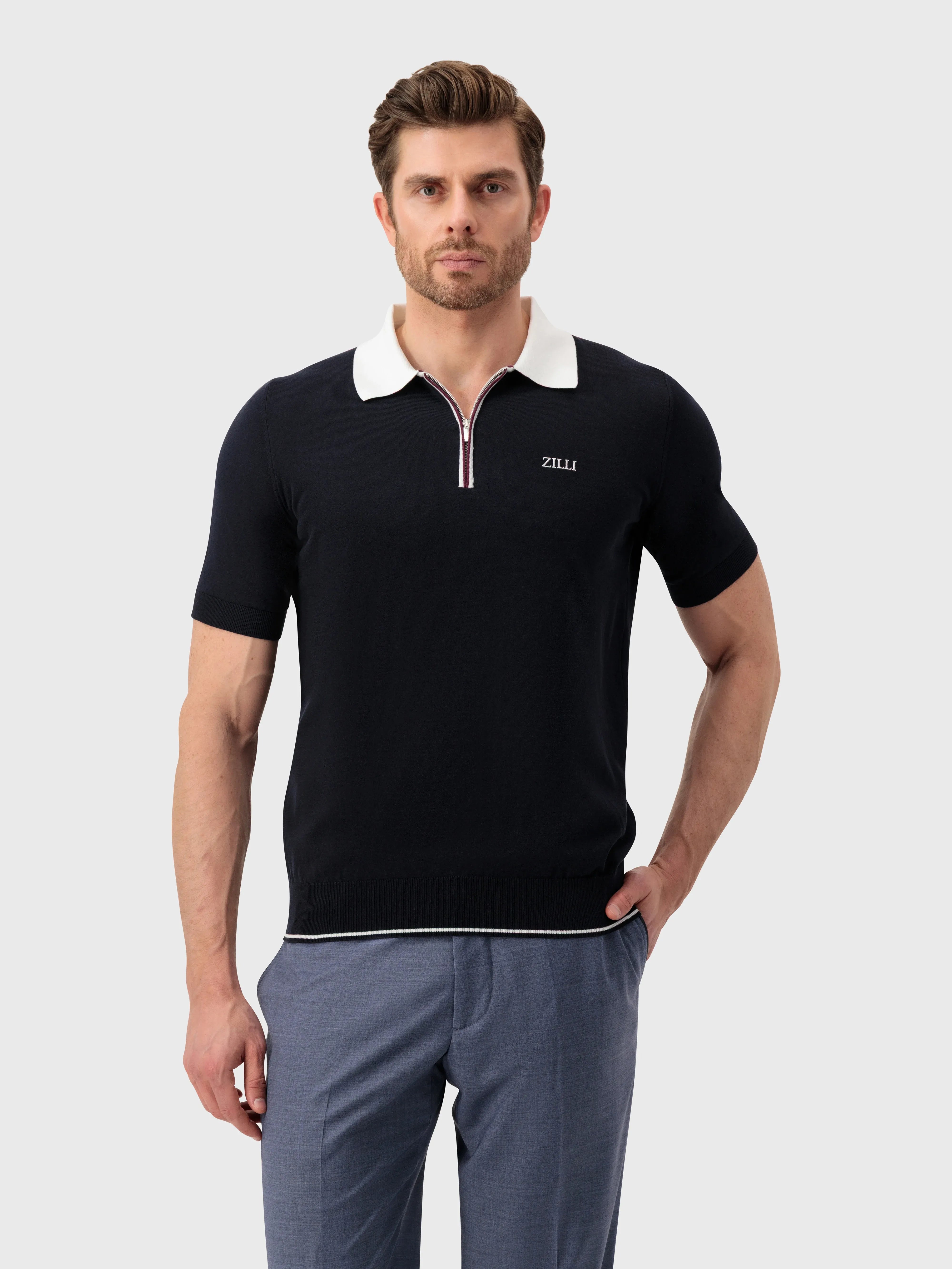 Geometric Pattern Polo Shirt - Blue Navy