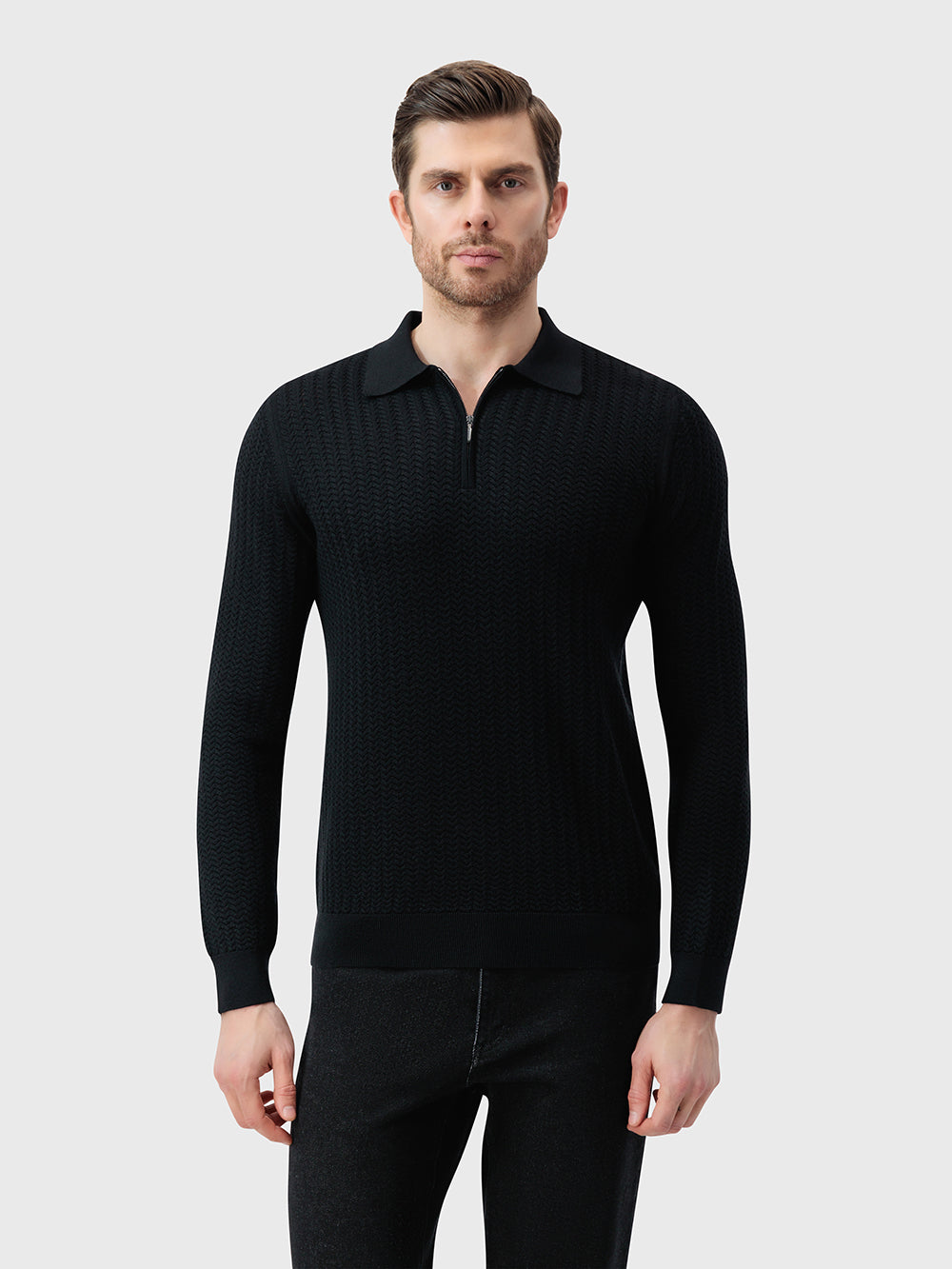 60% Wool 30% Silk 10% Cashmere Zip Polo - Black