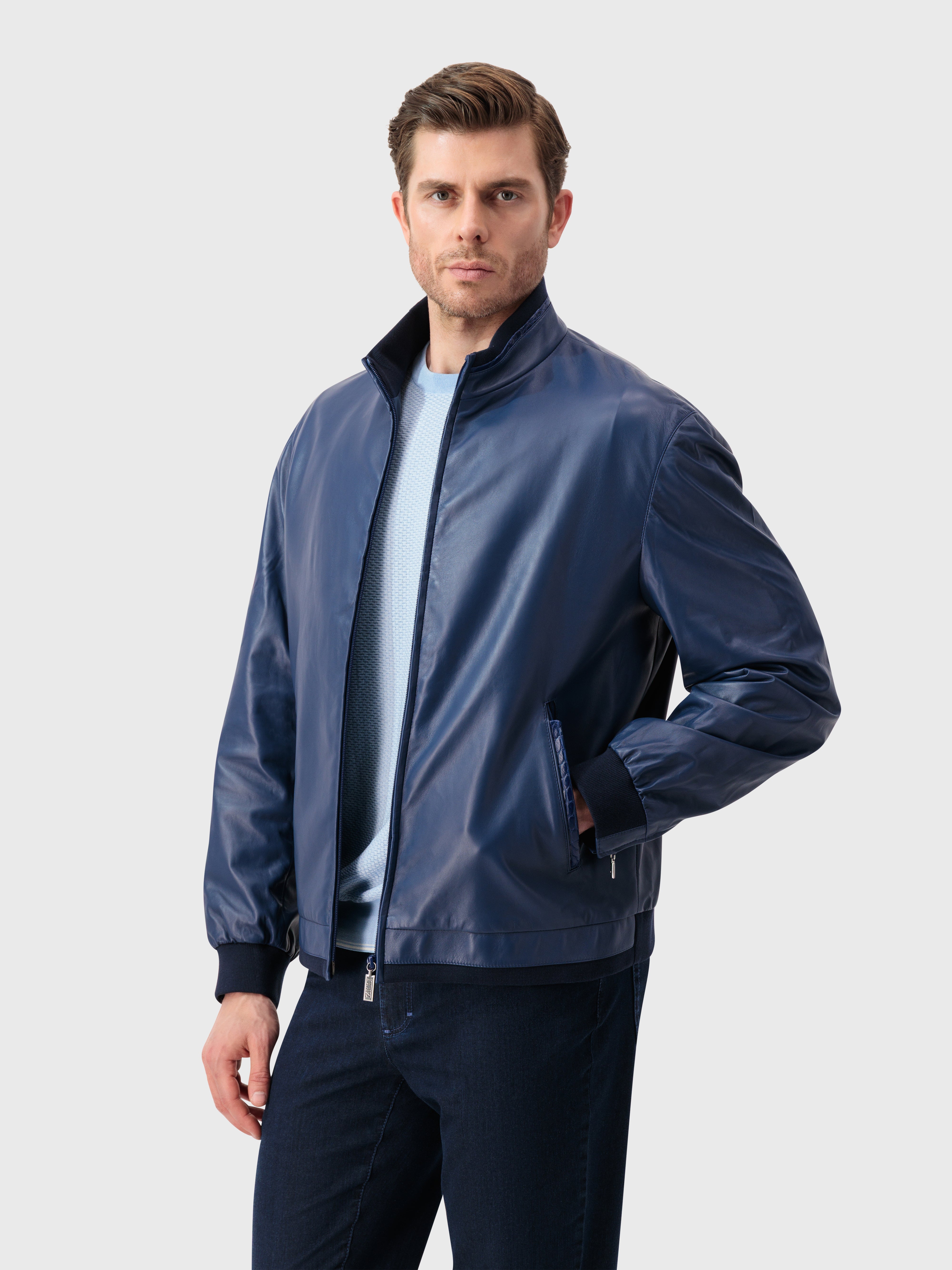Crocodile-Detailed Leather Jacket - Blue Octane