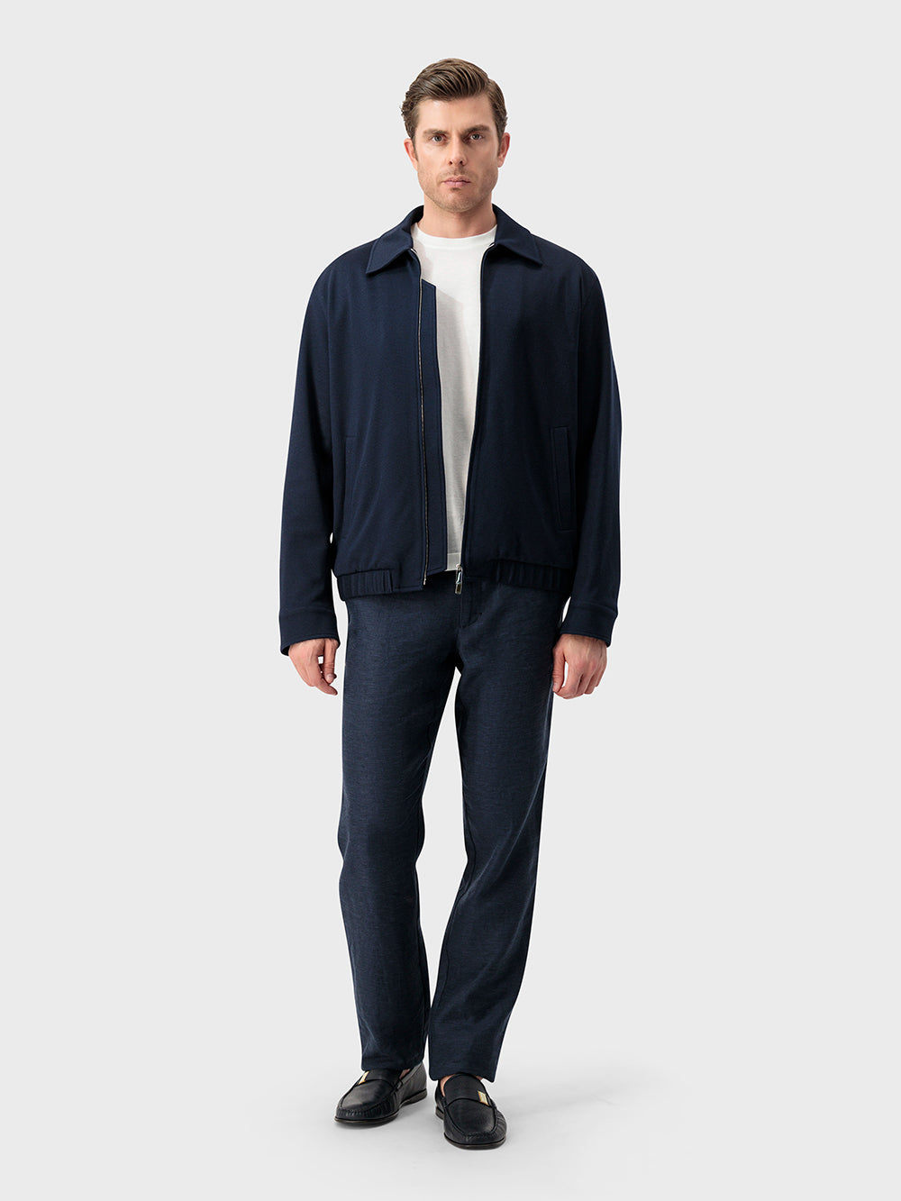 Single-Stitched Collar Silk and Cotton Bomber Jacket - Blue Navy