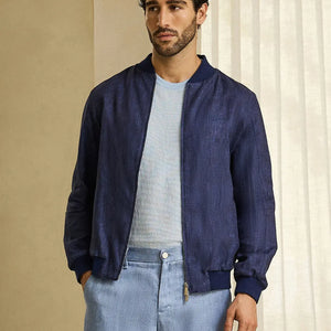Ribbed Collar Linen Bomber Jacket - Blue Navy