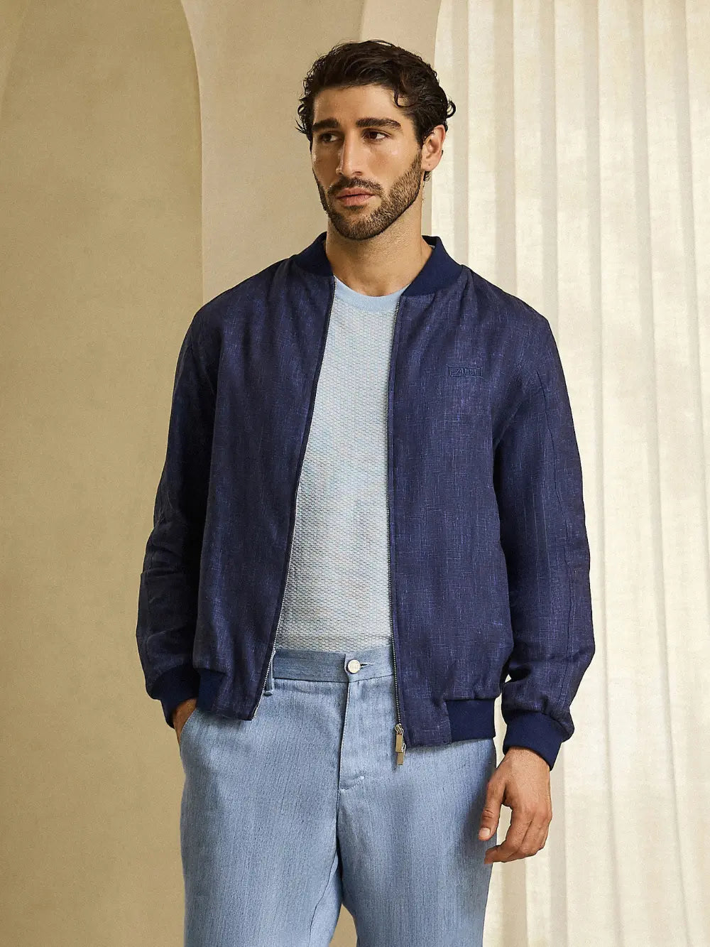 Ribbed Collar Linen Bomber Jacket - Blue Navy