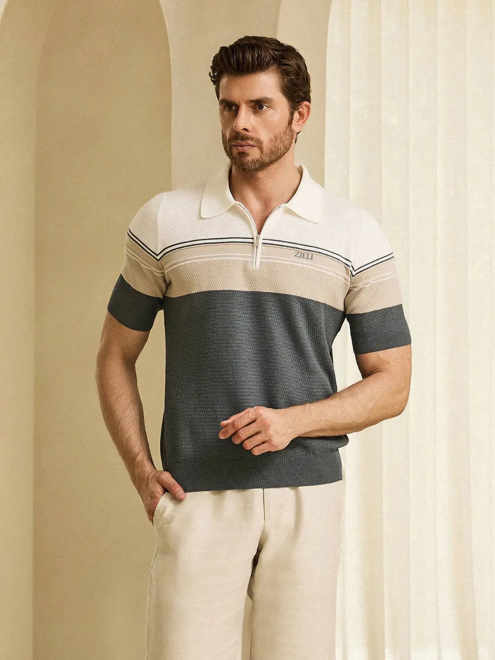 Stripe Polo Shirt - Pale Khaki, Natural White & Pale Fawn