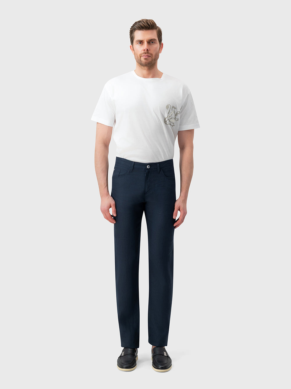Slim Linen Trousers - Light Navy