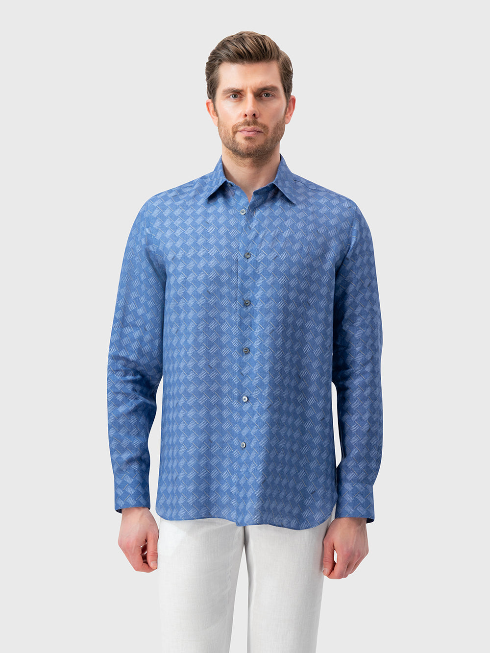 休闲亚麻衬衫 - 浅靛蓝色