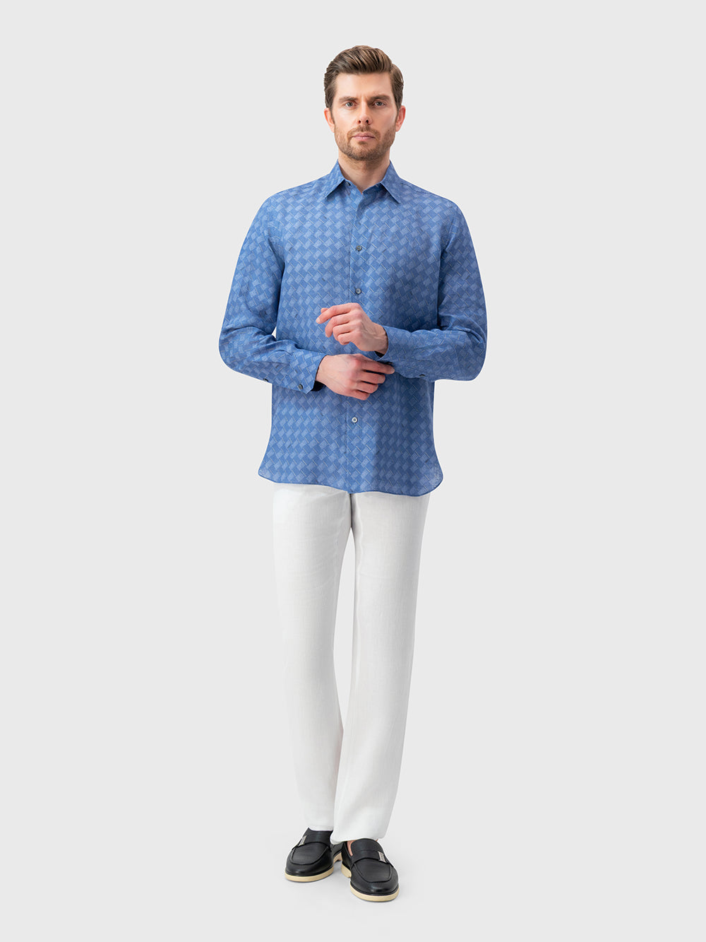 休闲亚麻衬衫 - 浅靛蓝色