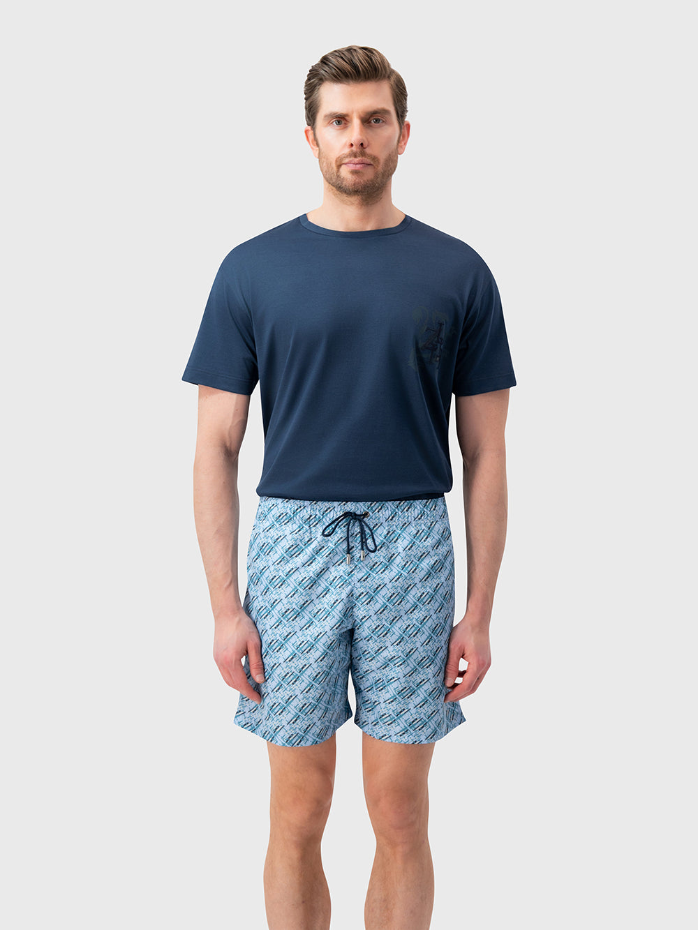 Swim Shorts with Abstract Motif - Metal Blue