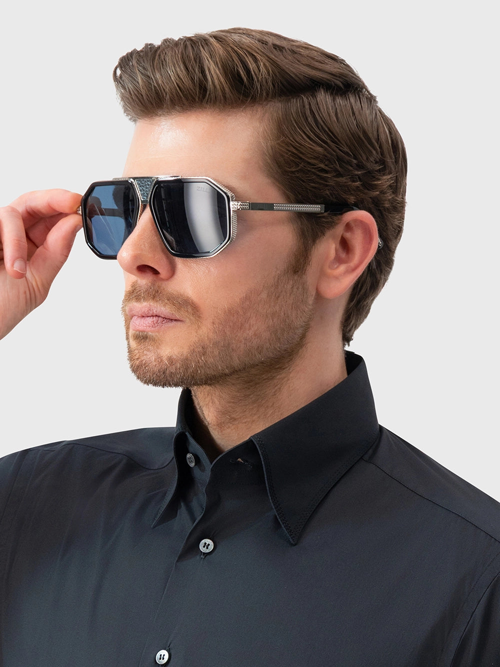 超大号方形Navigator太阳镜 - 黑银色