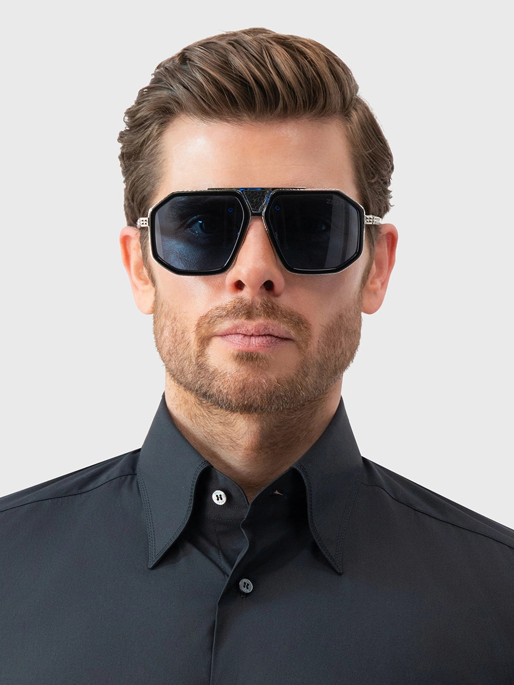 超大号方形Navigator太阳镜 - 黑银色