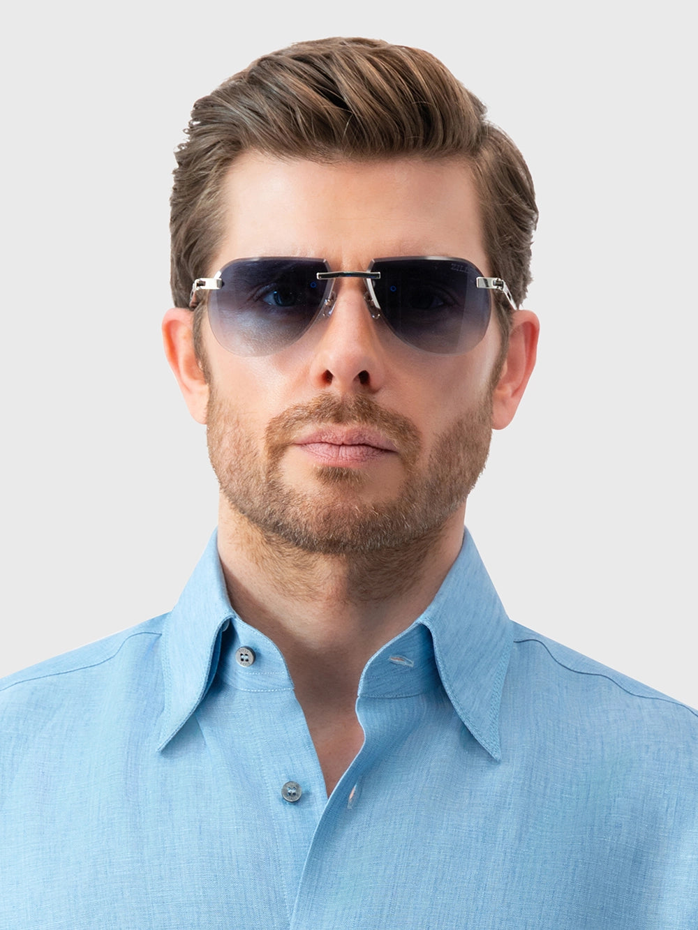 Rimless Navigator Shield Sunglasses - Blue Tint Silver