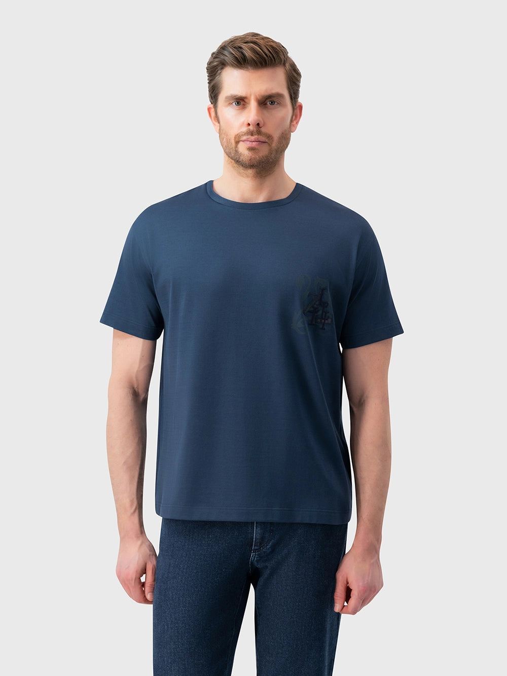 Round Neck T-Shirt with ZILLI Leather Patch - Dark Navy