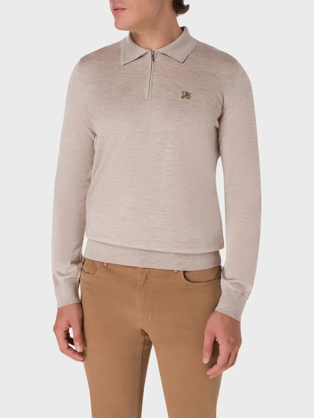 Рубашка-поло из шерсти, шелка и кашемира с вышивкой в виде микрогрифонов