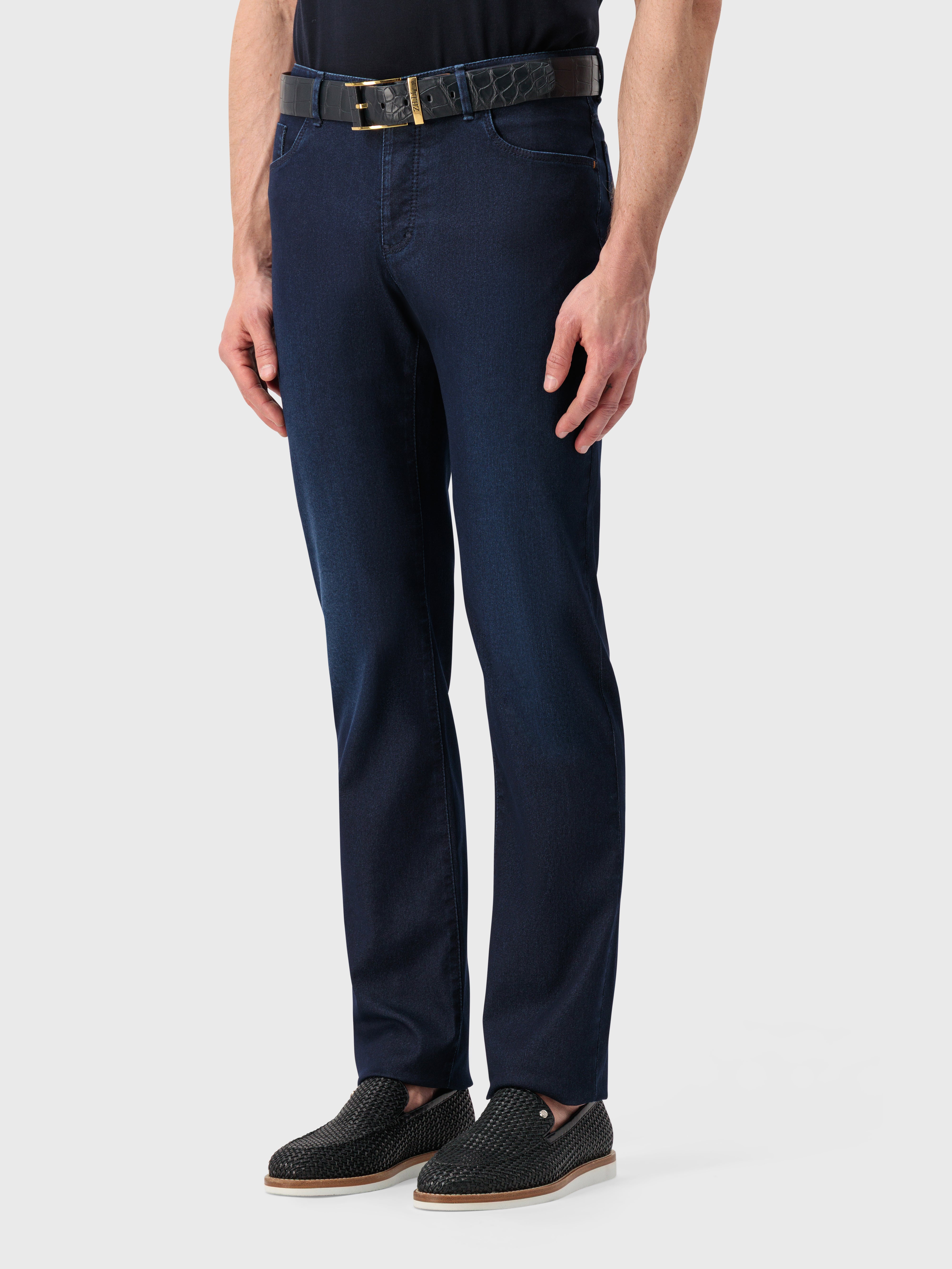 Джинсовые хлопковые брюки Slim Fit "Big Lion" с вышивкой - Синий ВМФ