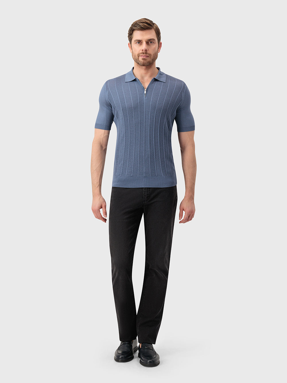 Полосатая рубашка-поло из шелкового трикотажа - Бледно-голубой оникс