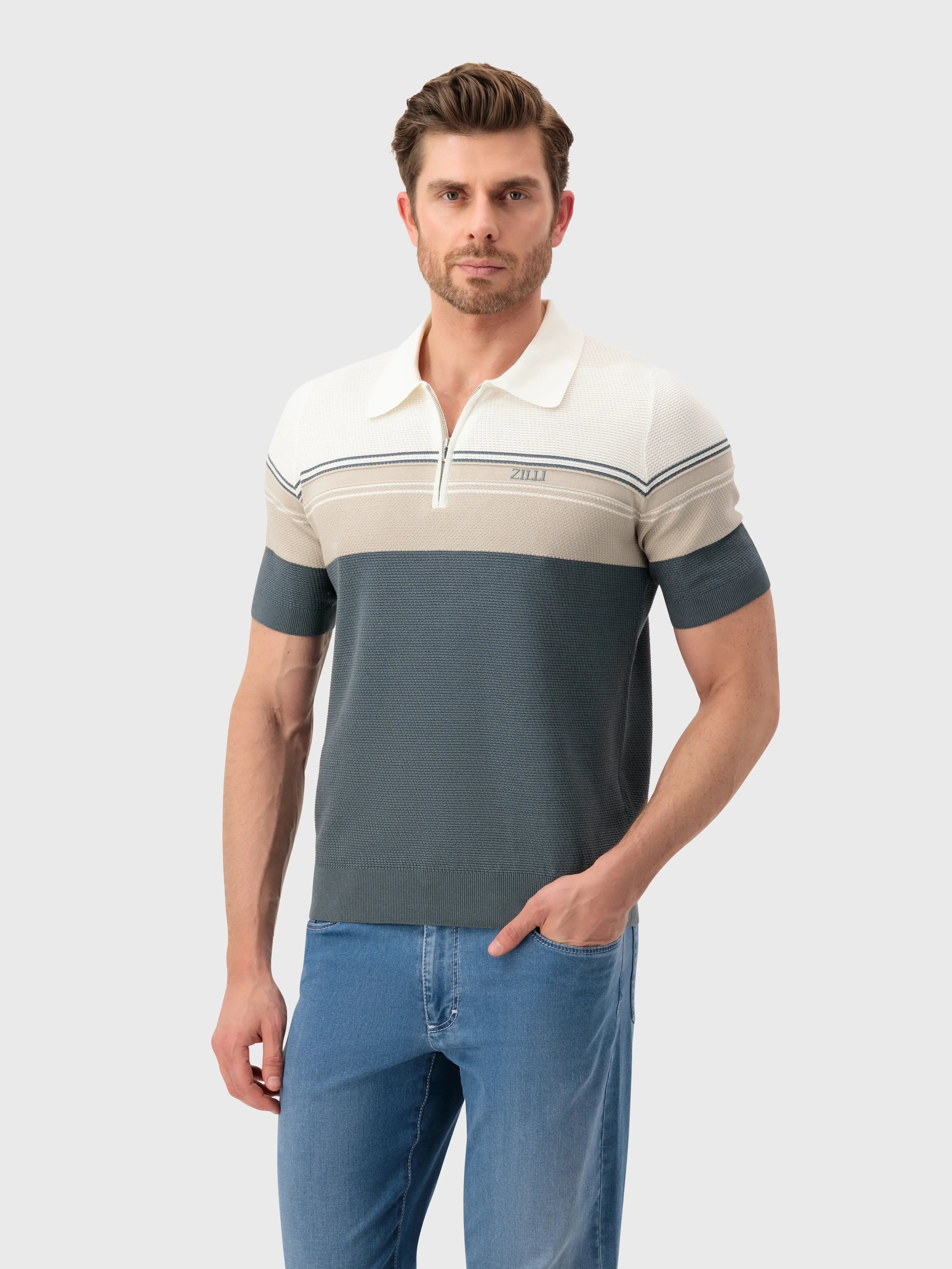 Рубашка-поло в полоску - бледный хаки, натуральный белый и бледный лиловый