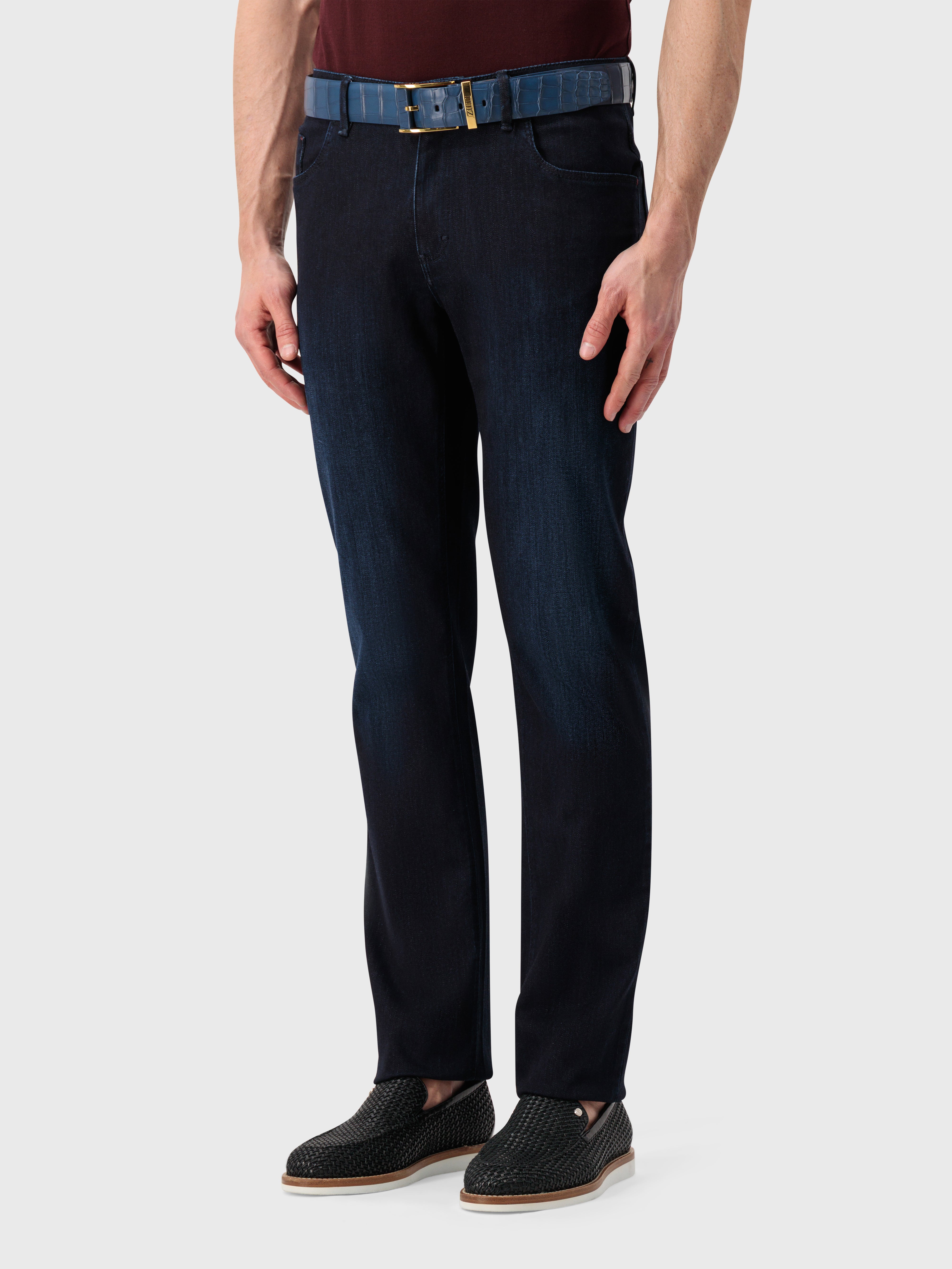 "Хлопковые брюки из денима с вышивкой льва - Синий морской