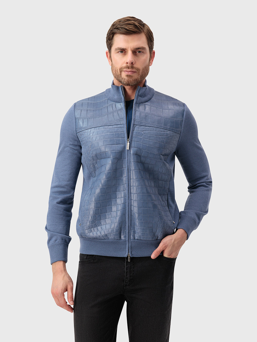 Кожаная вязаная куртка-бомбер - Бледно-голубой оникс