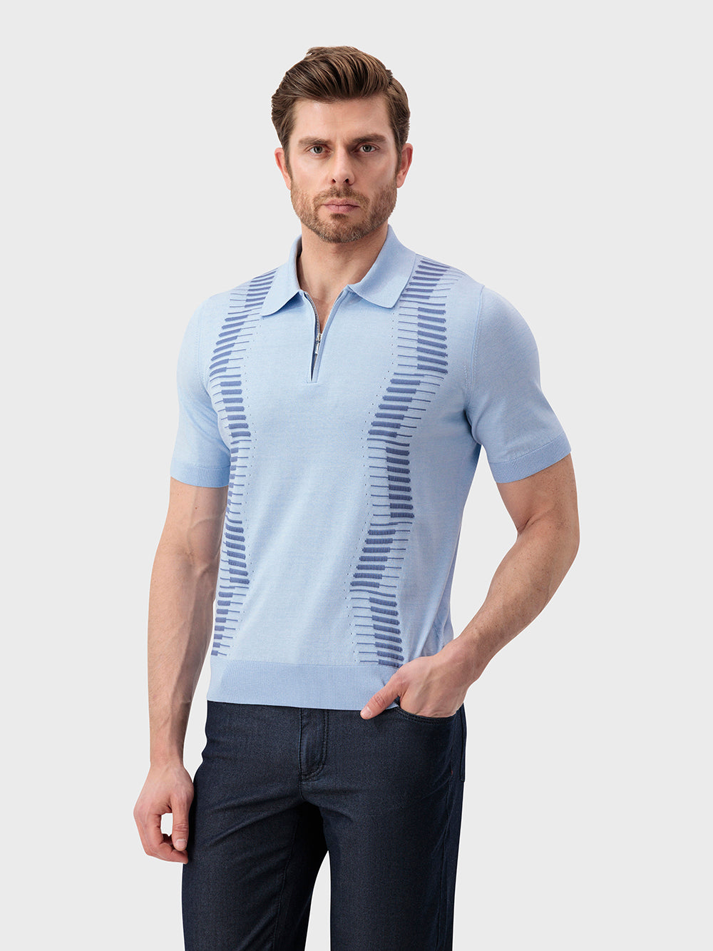 Поло из шелка и хлопка с геометрическим узором - Оксфордский синий