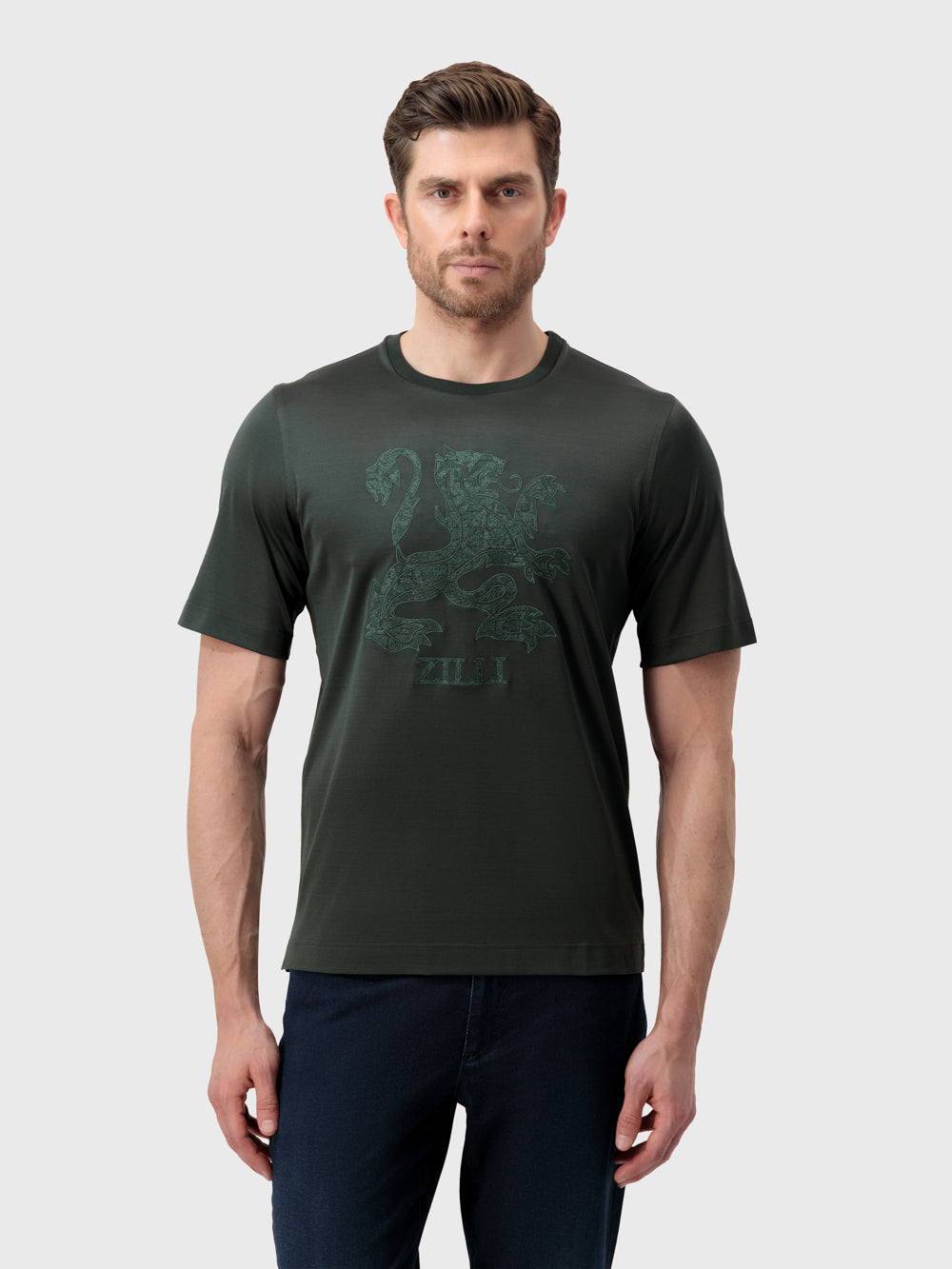 Футболка с вышивкой "Большой лев" - Темный шалфей