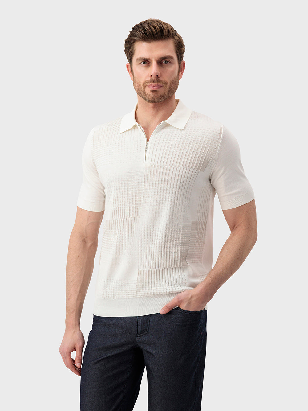 Поло из шелка и хлопка "Квадрат" - натуральный белый