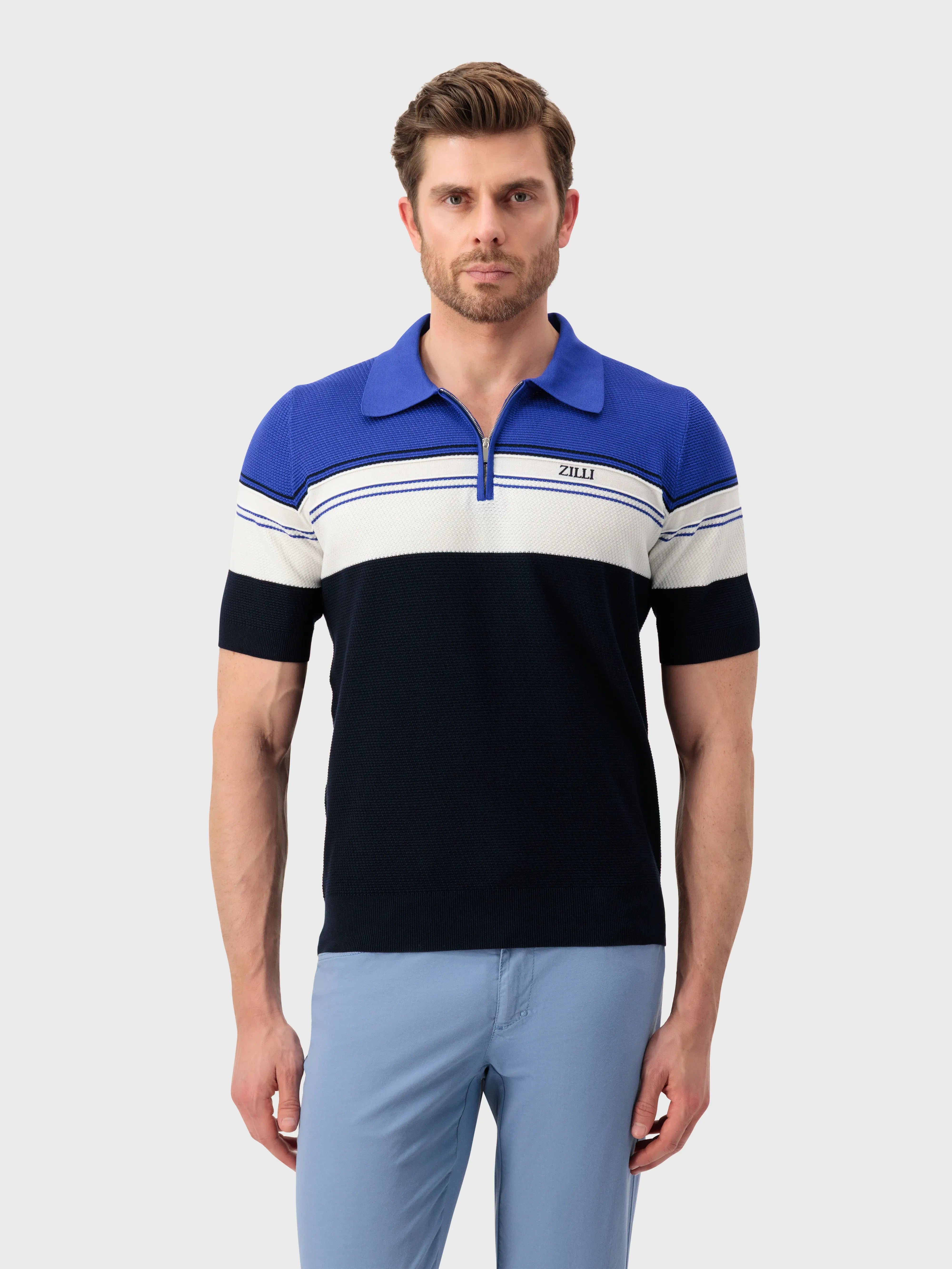 Рубашка-поло в полоску - синий морской, натуральный белый и синий электрический