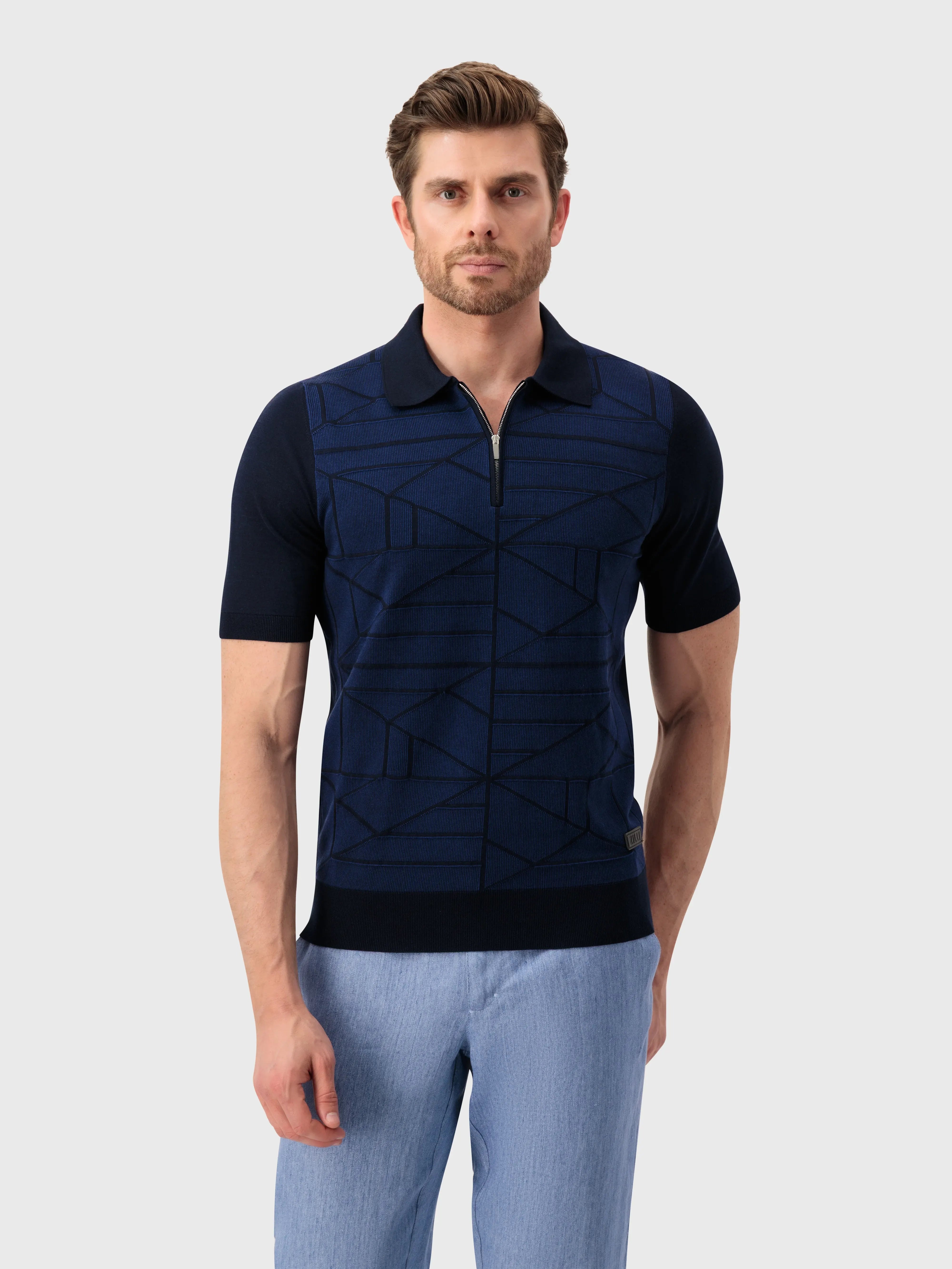 Рубашка-поло из шелкового трикотажа с геометрическим узором - Синий морской
