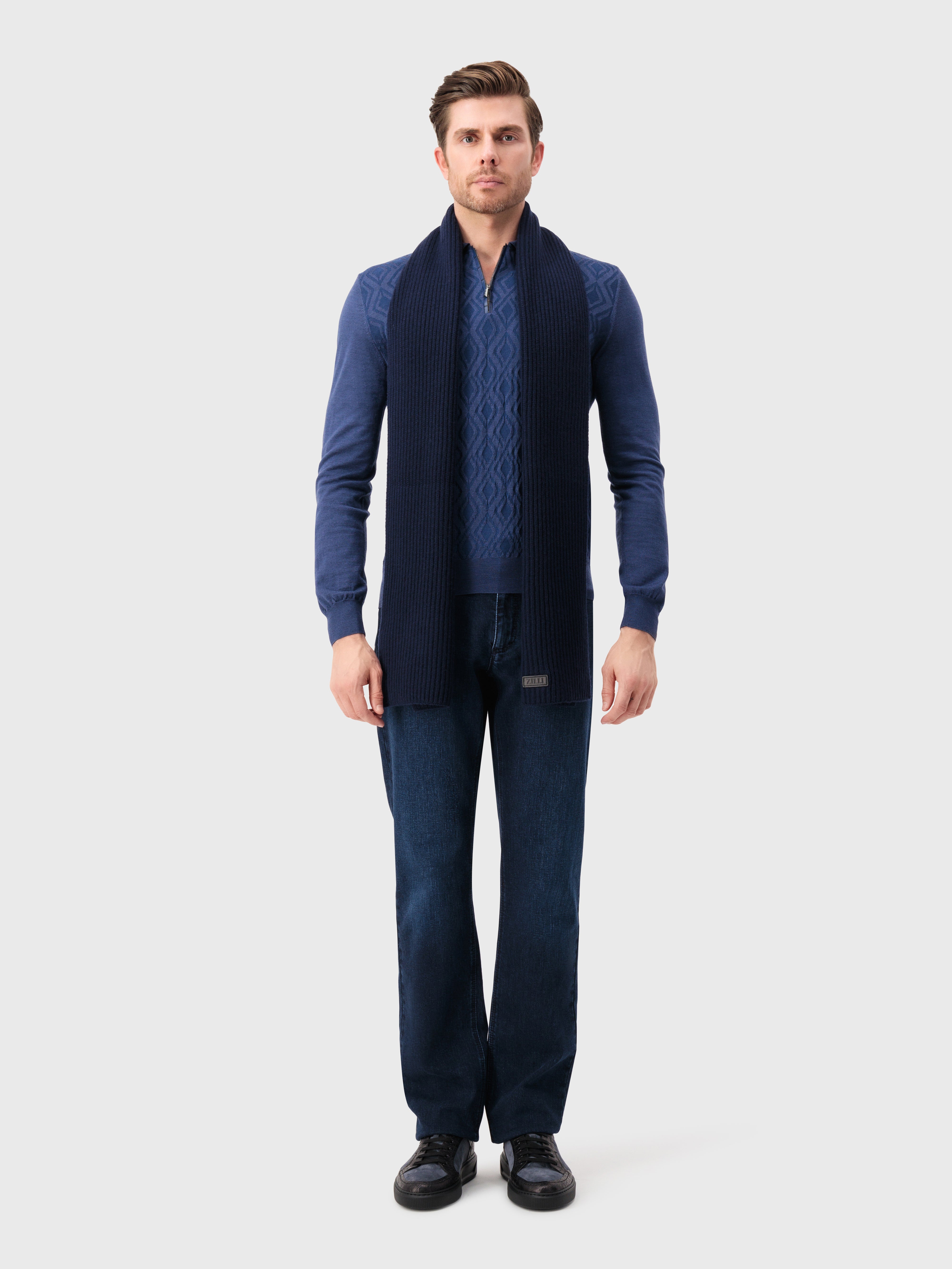 Рубашка-поло с длинными рукавами и узором в виде ромбов дымчато-голубая