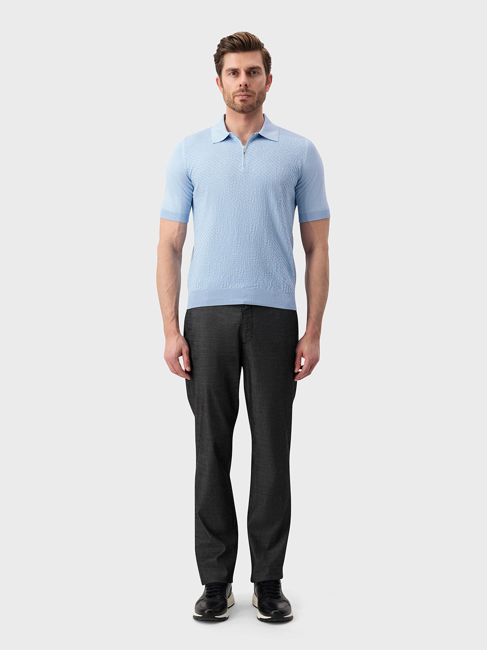 Поло из шелка и хлопка с диагональным жаккардовым плетением - Оксфордский синий