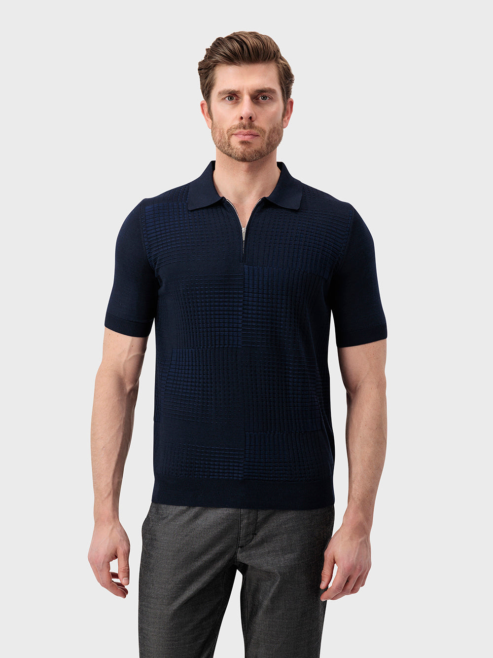 Трикотажное поло из шелка и хлопка "Квадрат" - синий морской