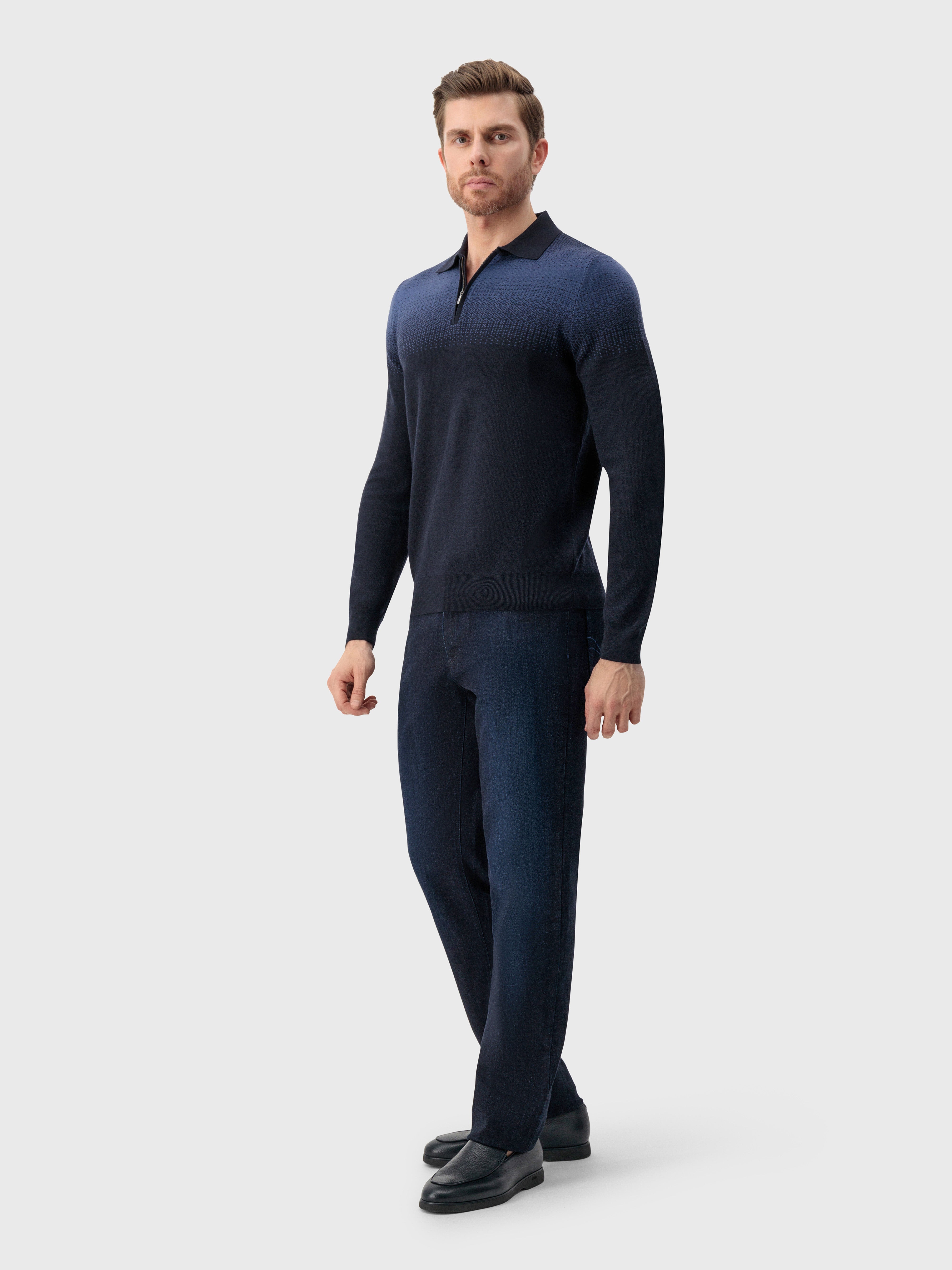Рубашка-поло на молнии с жаккардовым плетением синего оттенка