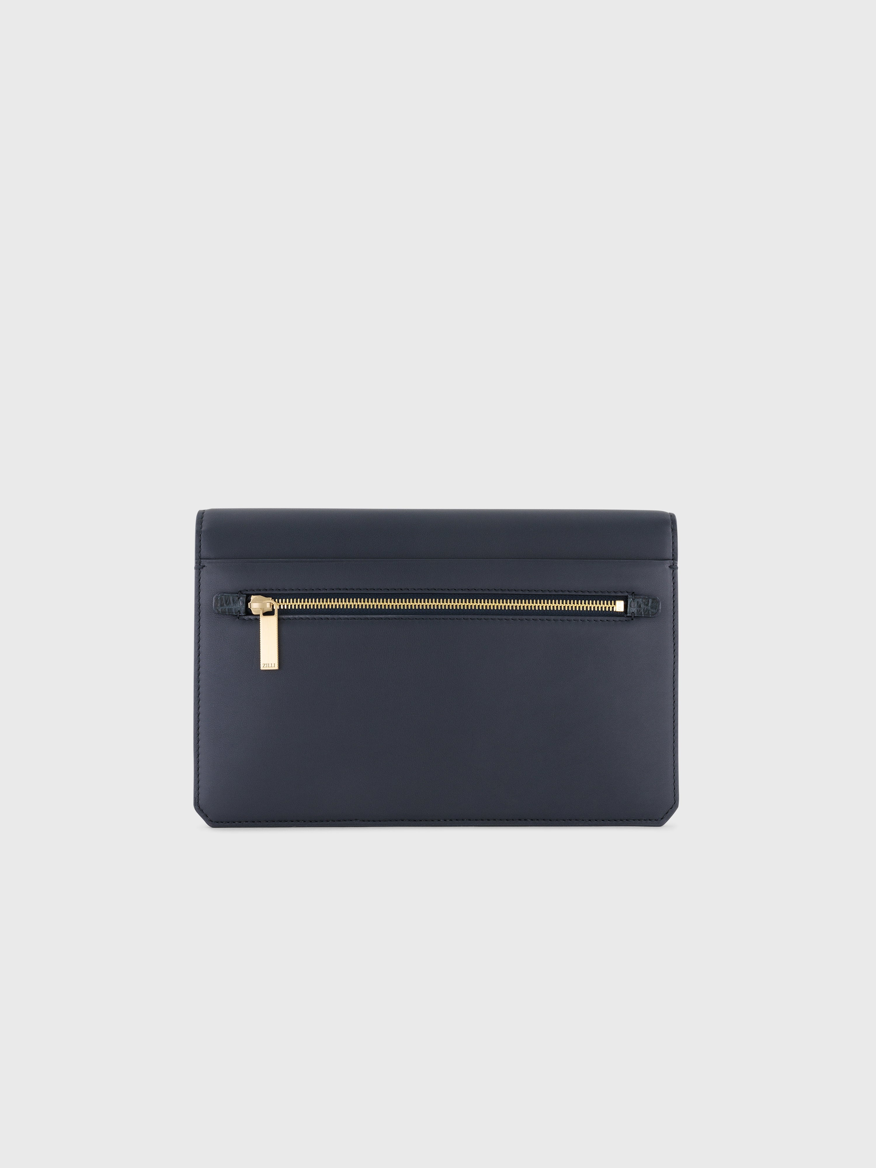 Сумка-клатч из телячьей кожи с крокодиловыми деталями сине-морского цвета