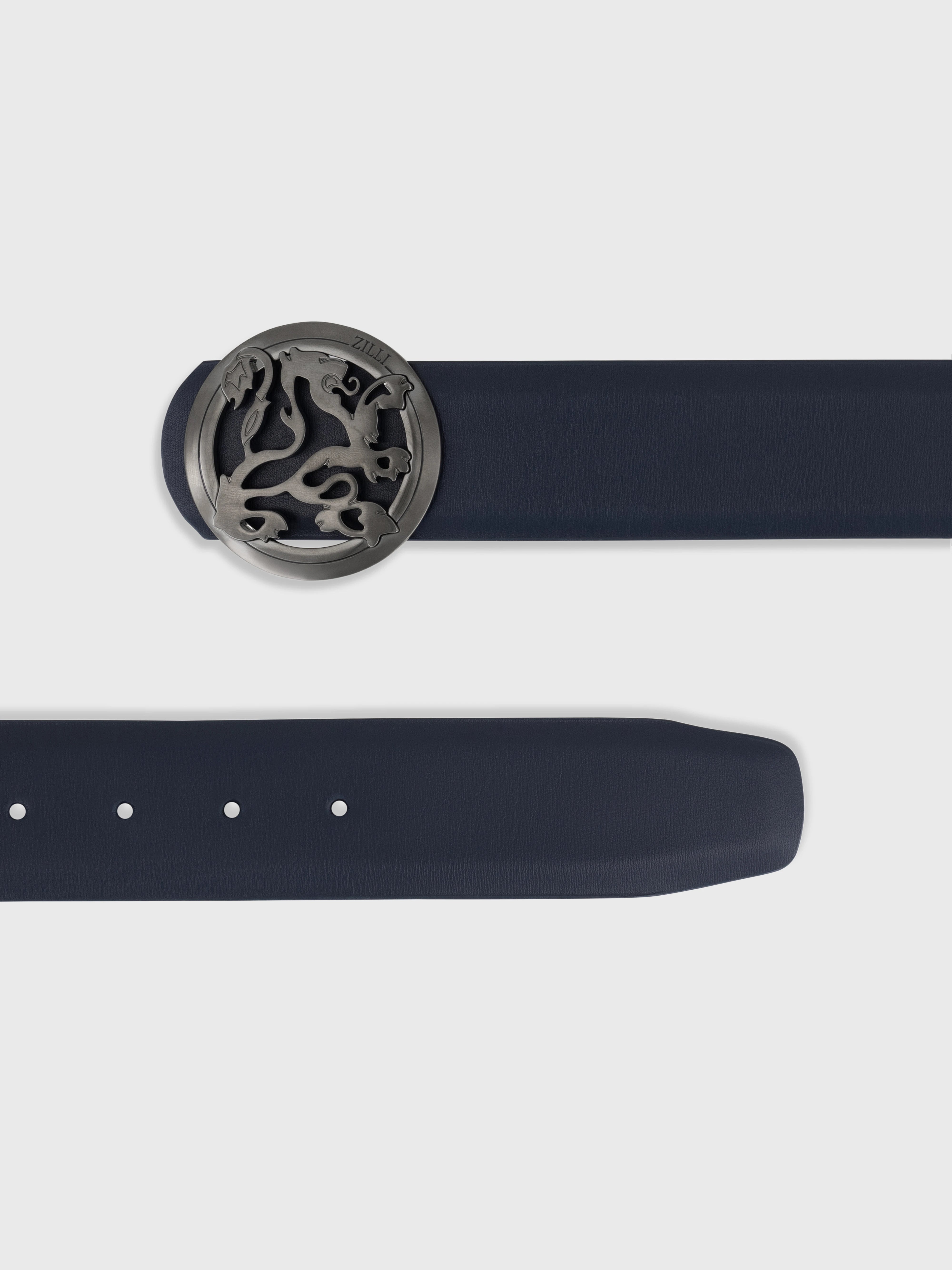 Ремень из телячьей кожи с рутениевой отделкой львиной пряжки - темно-темноморский