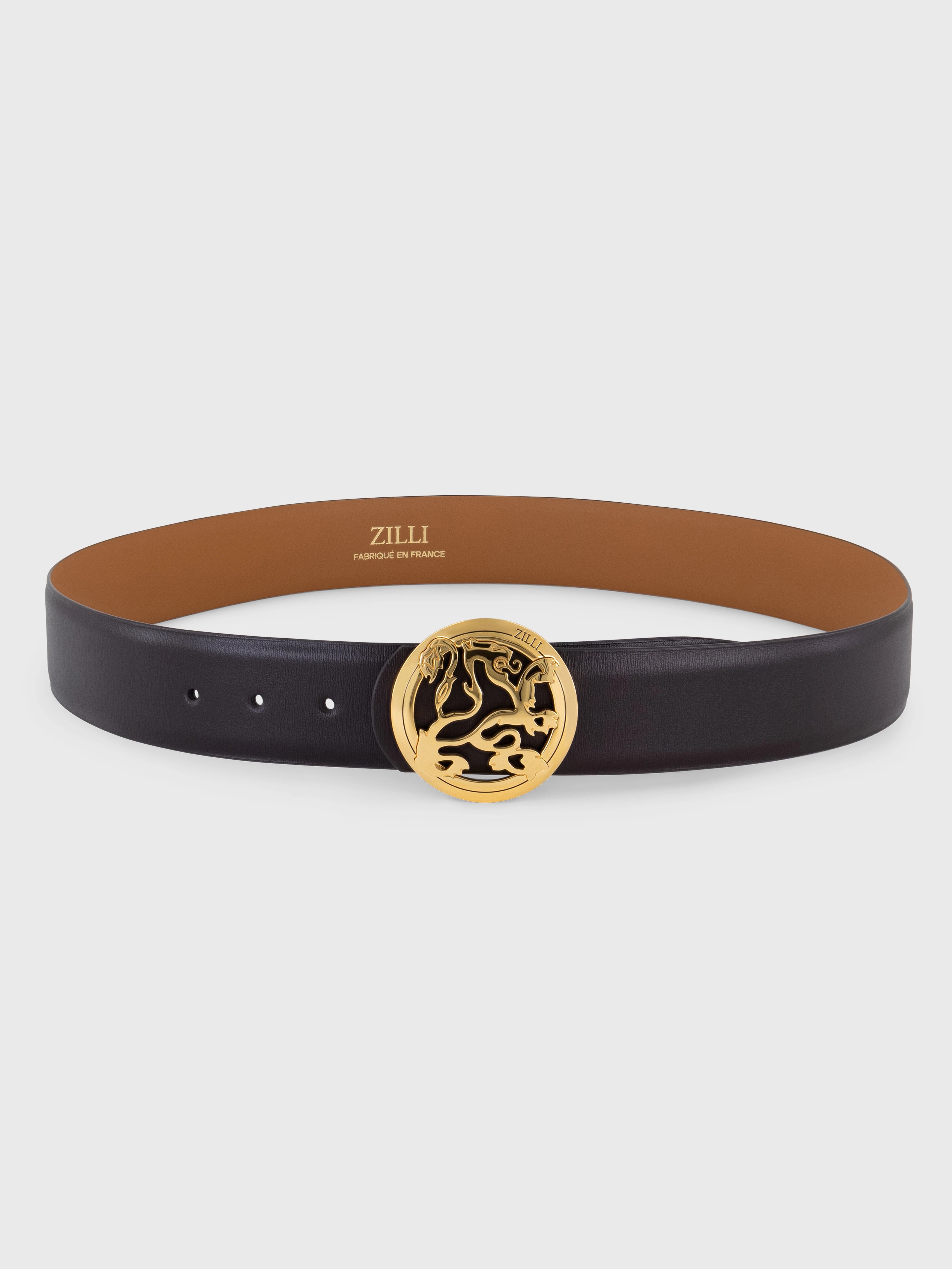 Ремень из телячьей кожи с пряжкой в виде льва - коричневый