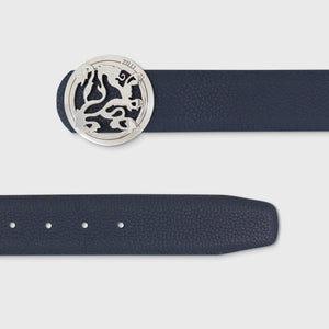 Ремень с пряжкой в виде льва с палладиевым покрытием  - темно-синий