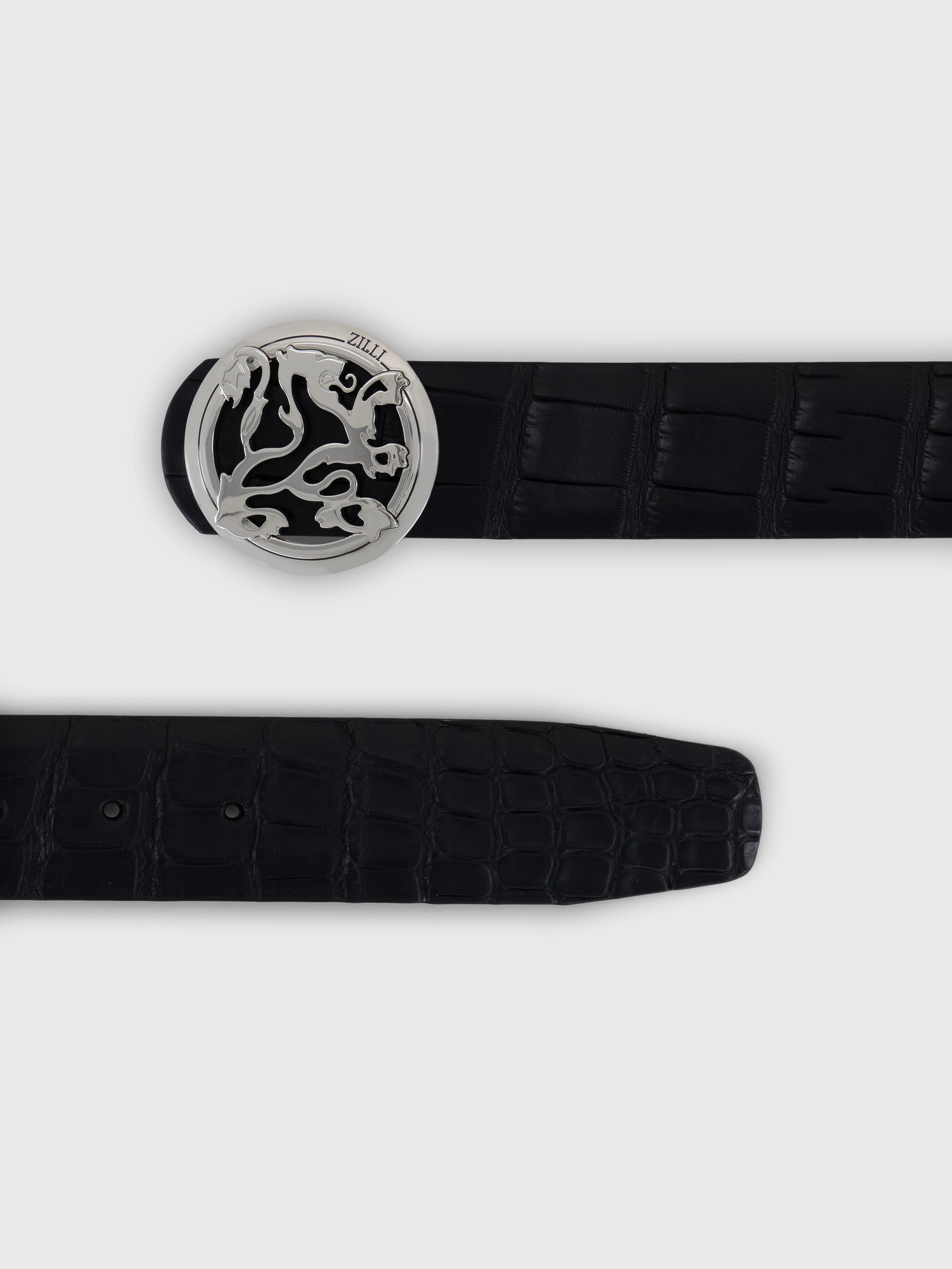 Ремень из крокодила с львиной пряжкой с палладиевой отделкой - черный