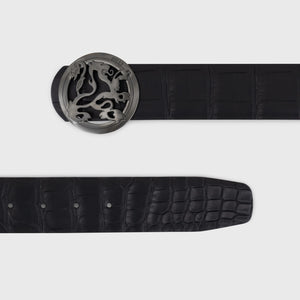 Ремень из крокодила с пряжкой в виде льва с рутениевой отделкой - черный