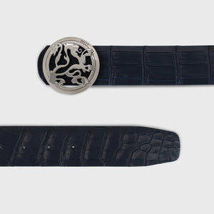 Ремень из крокодила с львиной пряжкой с отделкой Palladium - Темно-морской