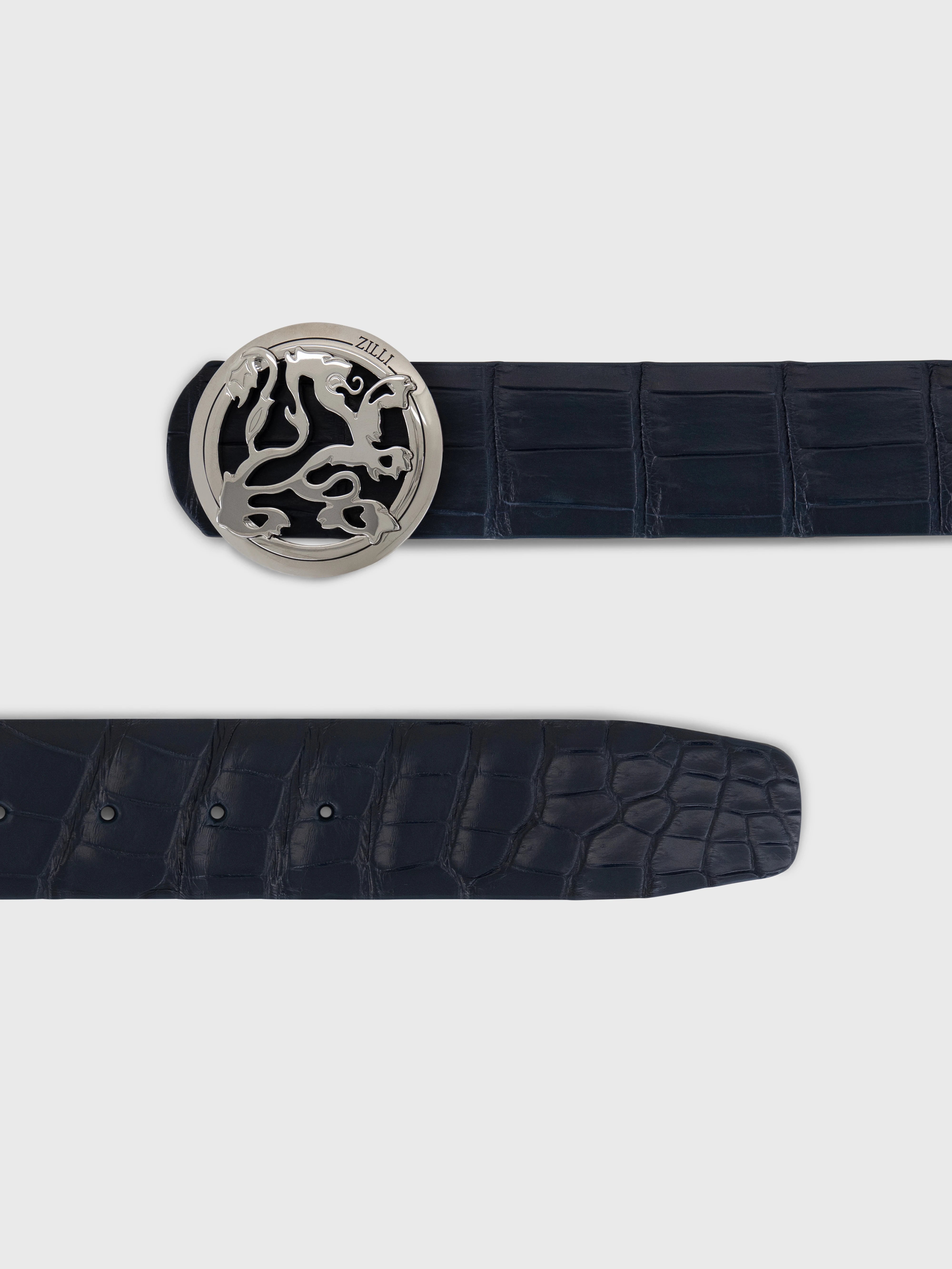 Ремень из крокодила с львиной пряжкой с отделкой Palladium - Темно-морской
