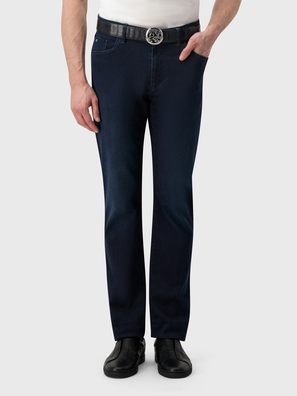 Ремень из крокодила с львиной пряжкой с отделкой Palladium - Темно-морской