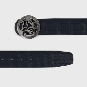 Ремень из крокодила с пряжкой в виде льва с рутениевой отделкой - темно-темноморский